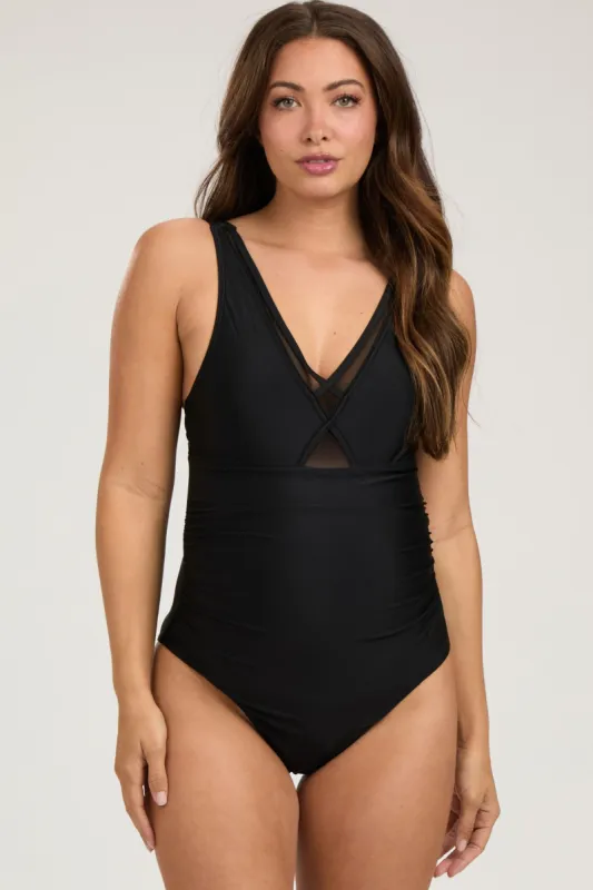 Black Mesh Detail Ruched Maternity One Piece Swimsuit sold by Pinkblush