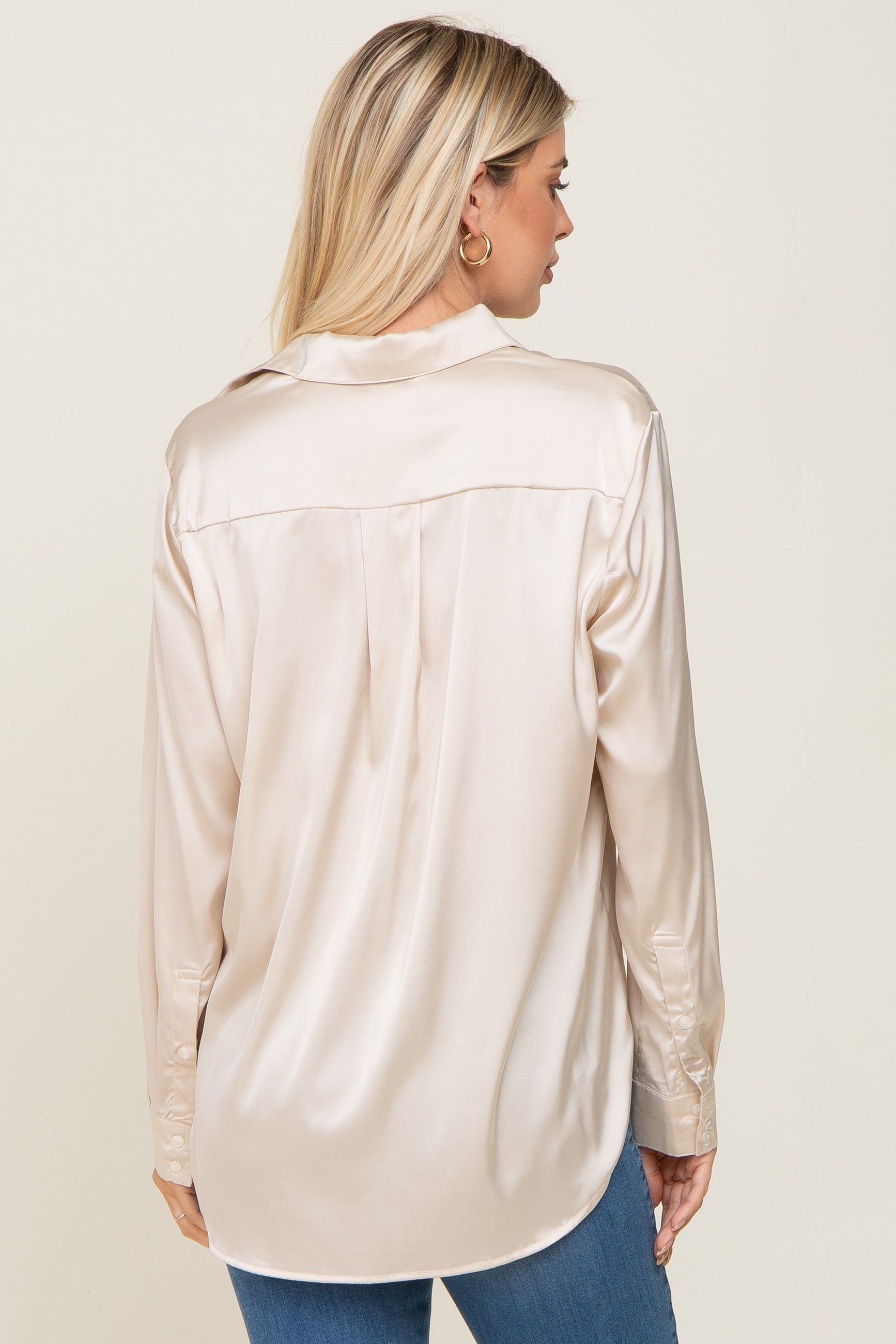 Beige Satin Button Down Long Sleeve Top sold by Pinkblush product image thumbnail 3