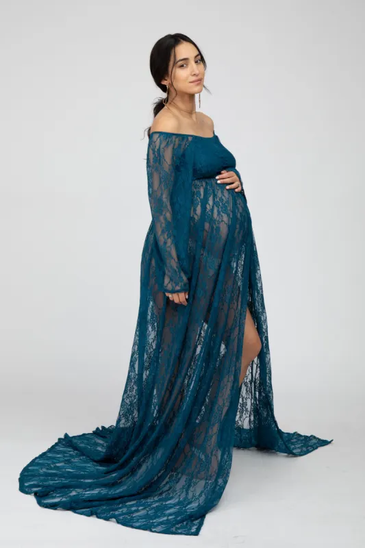 Teal Lace Off Shoulder Maternity Photoshoot Gown/Dress made by Pinkblush