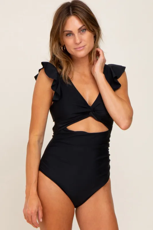 Black Cutout Flutter One Piece Swimsuit sold by Pinkblush