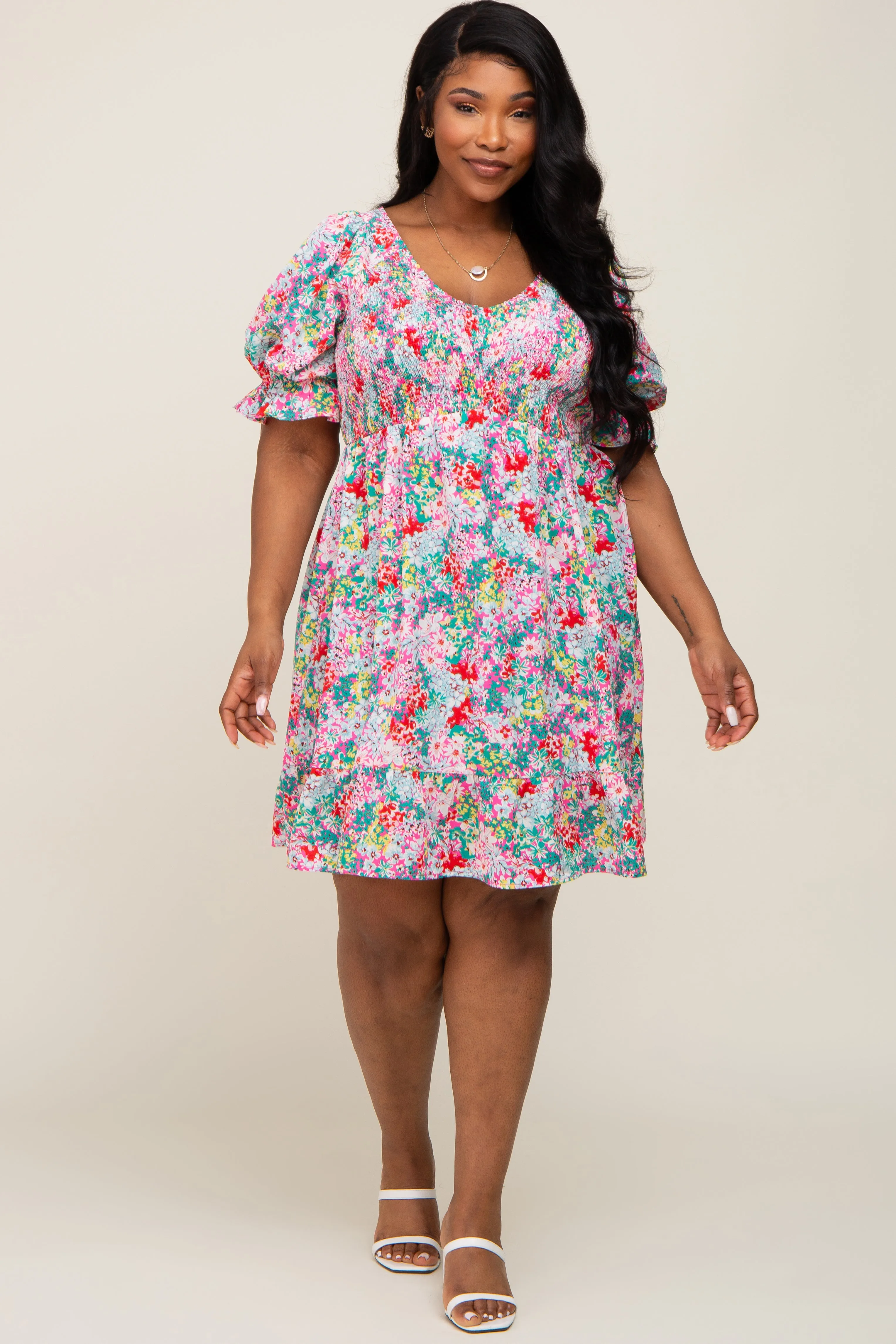 Fuchsia Floral Smocked Ruffle Accent Plus Dress sold by Pinkblush product image thumbnail 4