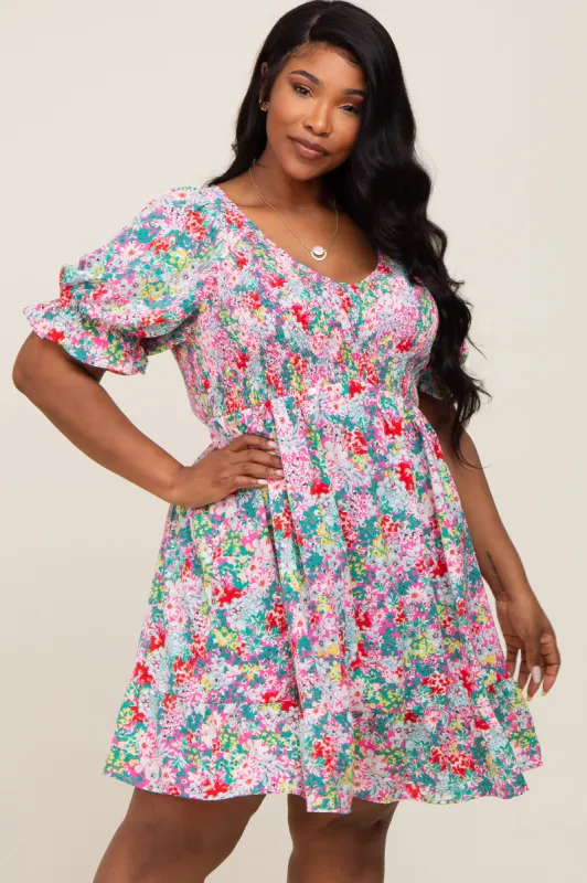 Fuchsia Floral Smocked Ruffle Accent Plus Dress sold by Pinkblush