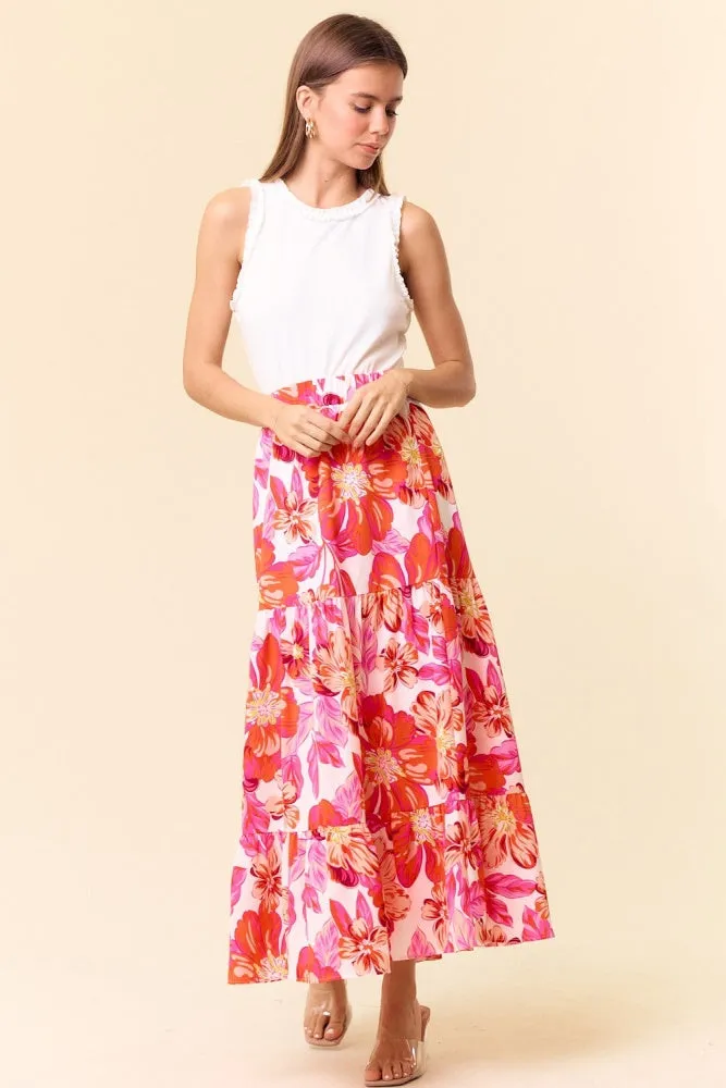 Peach Fuchsia Bright Floral Printed Flowy Maxi Skirt sold by Pinkblush