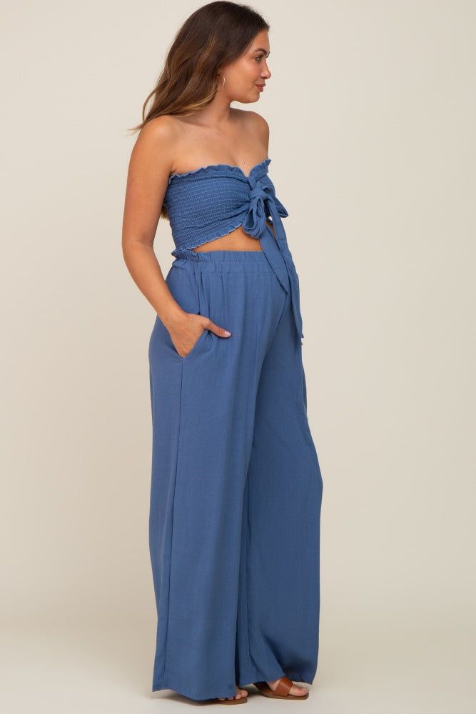 Blue Front Tie Crop Top and Pant Maternity Set sold by Pinkblush product image thumbnail 2