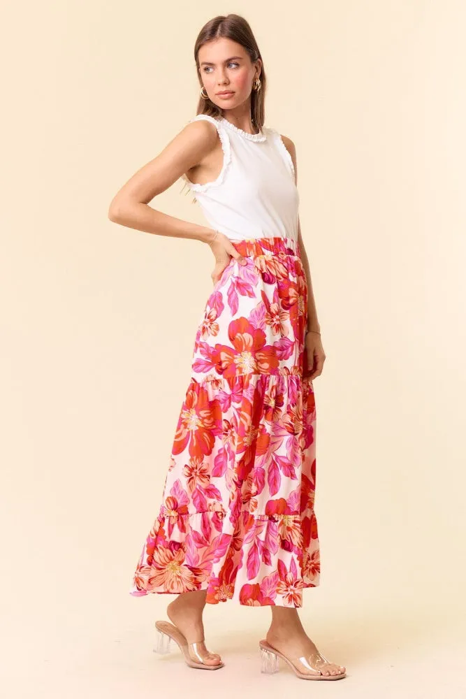 Peach Fuchsia Bright Floral Printed Flowy Maxi Skirt sold by Pinkblush product image thumbnail 2