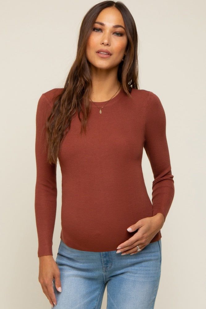 Rust Knit Long Sleeve Maternity Top sold by Pinkblush