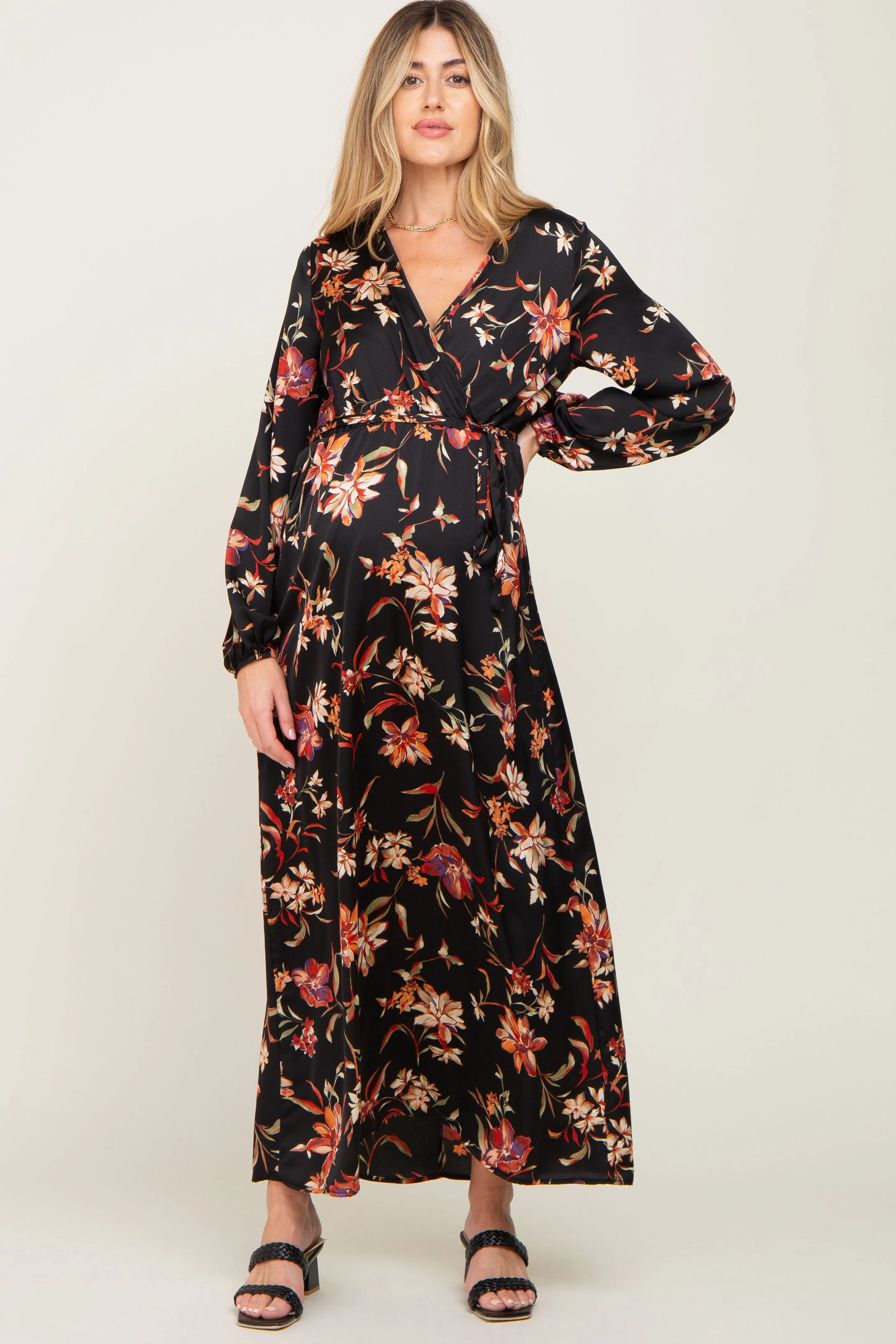 Black Floral Wrap Maternity Maxi Dress sold by Pinkblush