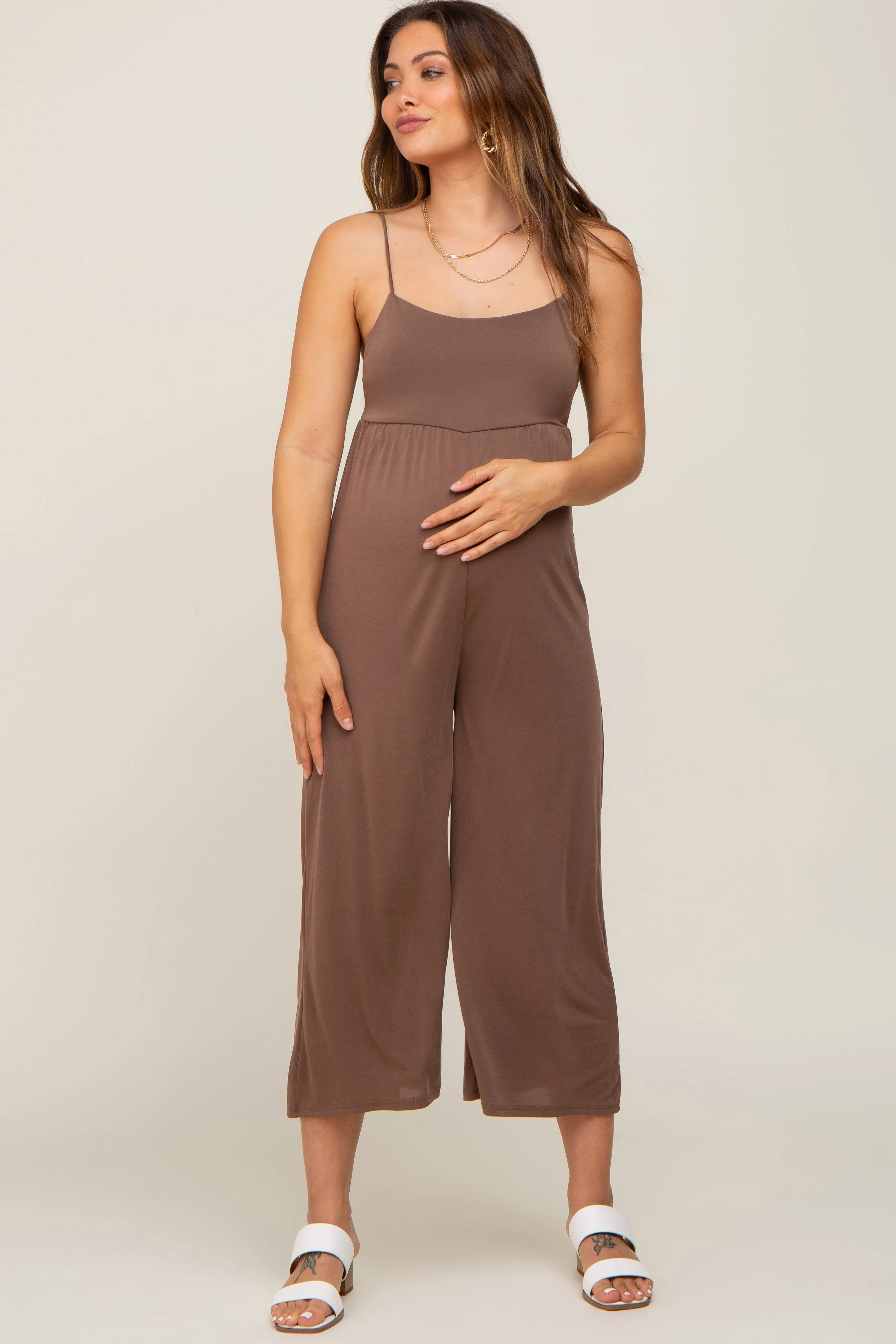 Brown Sleeveless Cropped Maternity Jumpsuit sold by Pinkblush