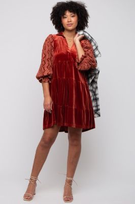Rust Velvet Lace Sleeve Collared Tiered Dress sold by Pinkblush