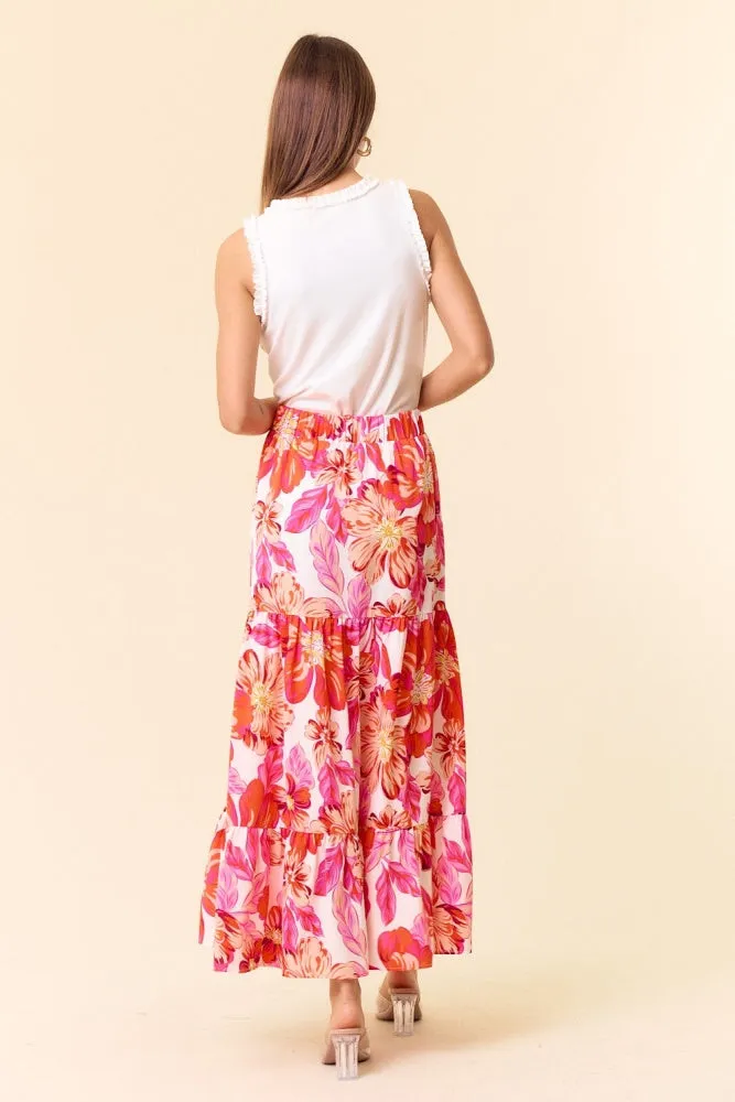 Peach Fuchsia Bright Floral Printed Flowy Maxi Skirt sold by Pinkblush product image thumbnail 3