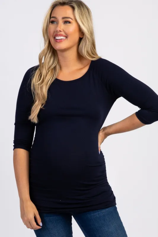 PinkBlush Navy Blue Basic Ruched Fitted Maternity Top sold by Pinkblush