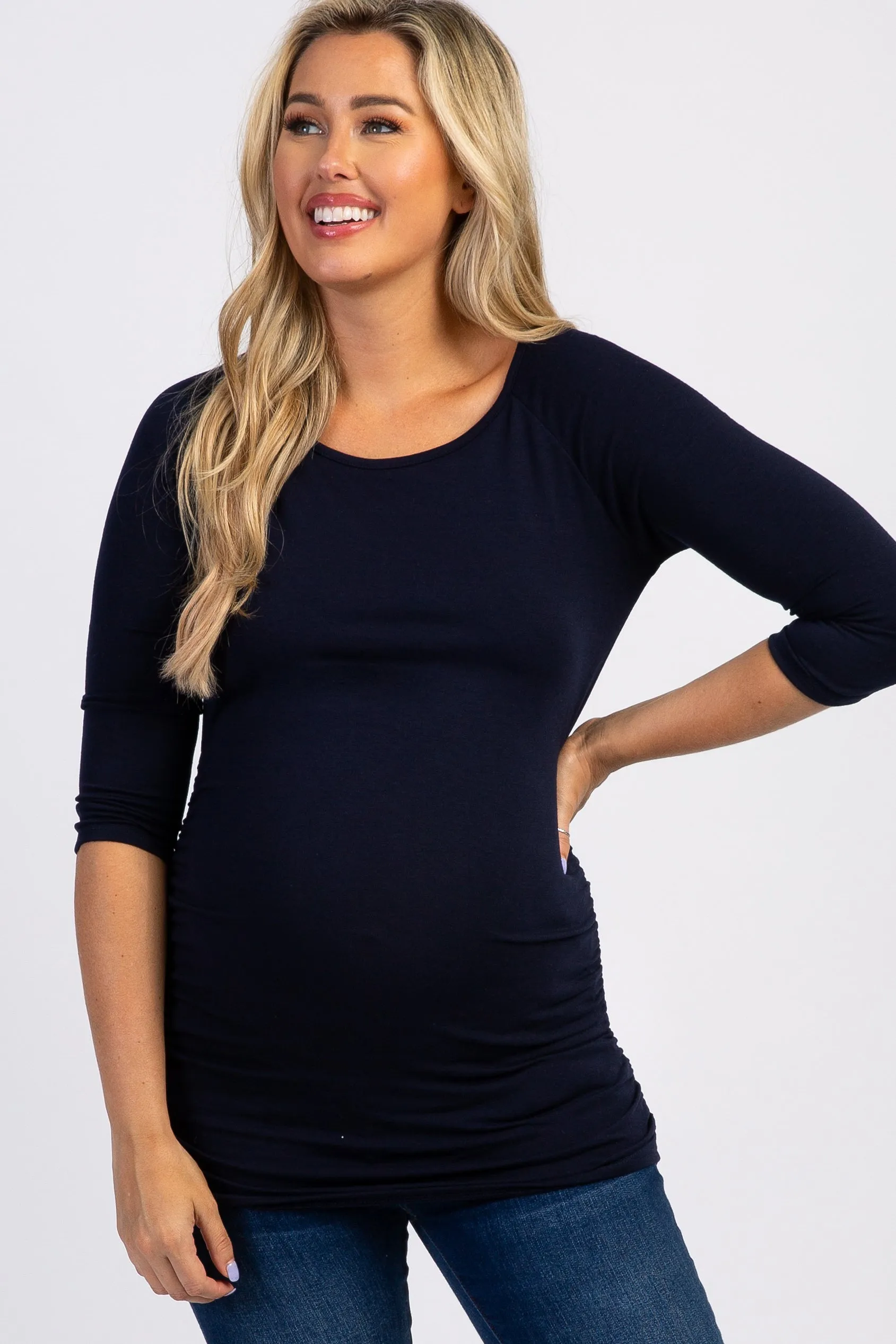 PinkBlush Navy Blue Basic Ruched Fitted Maternity Top sold by Pinkblush