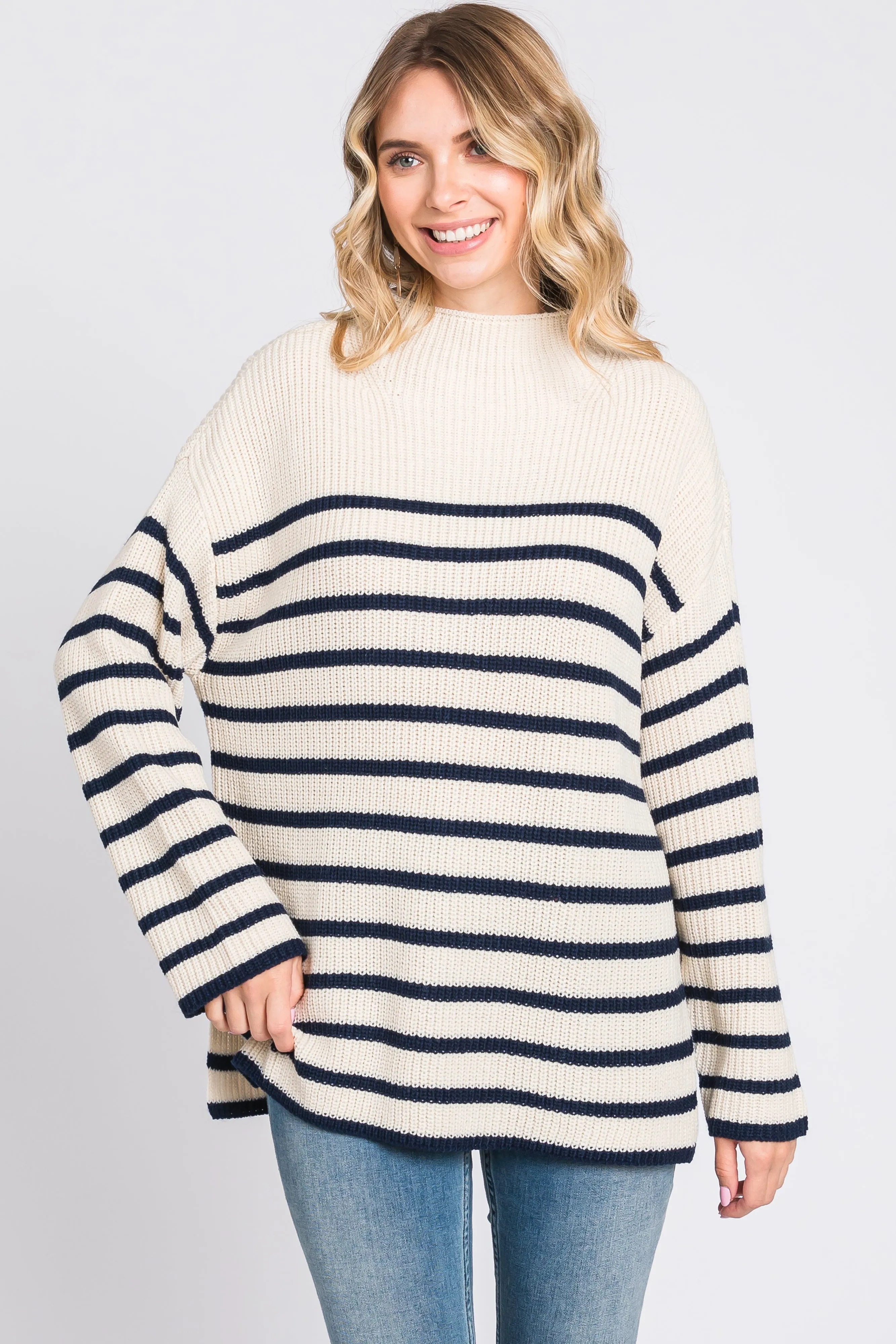 Cream Striped Mock Neck Sweater sold by Pinkblush product image thumbnail 2