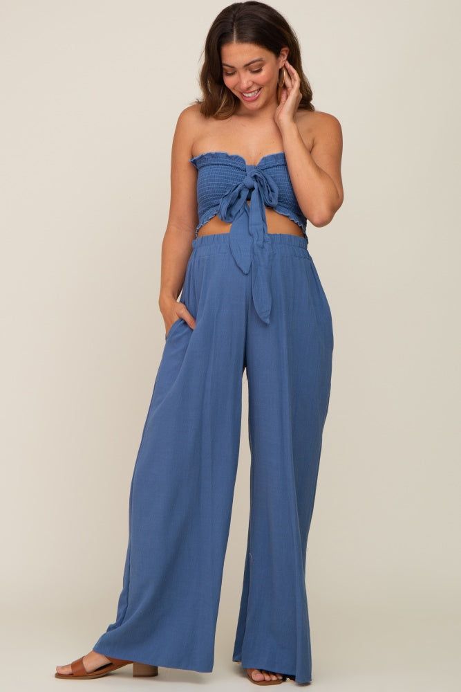 Blue Front Tie Crop Top and Pant Maternity Set sold by Pinkblush