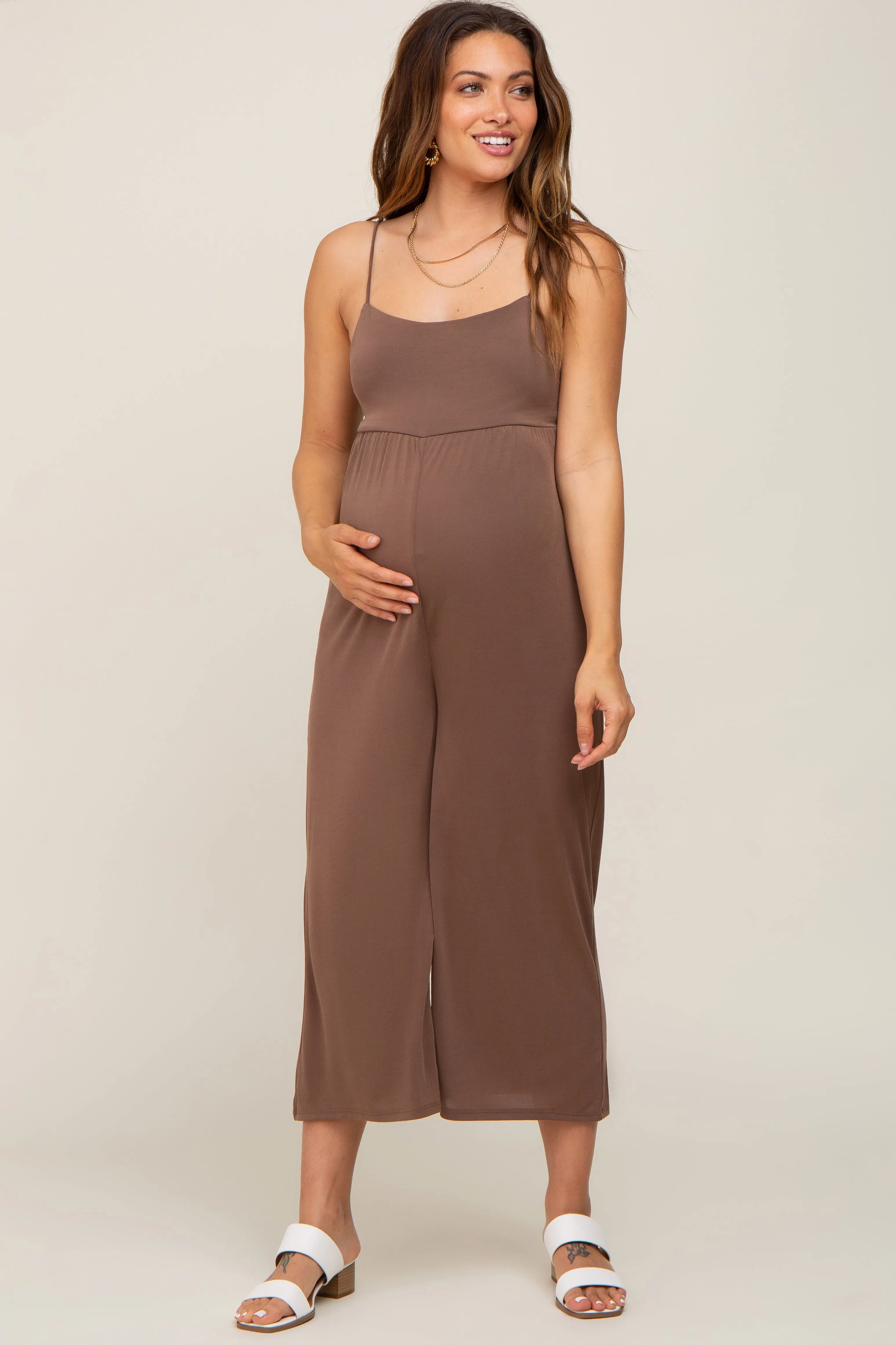 Brown Sleeveless Cropped Maternity Jumpsuit sold by Pinkblush product image thumbnail 2