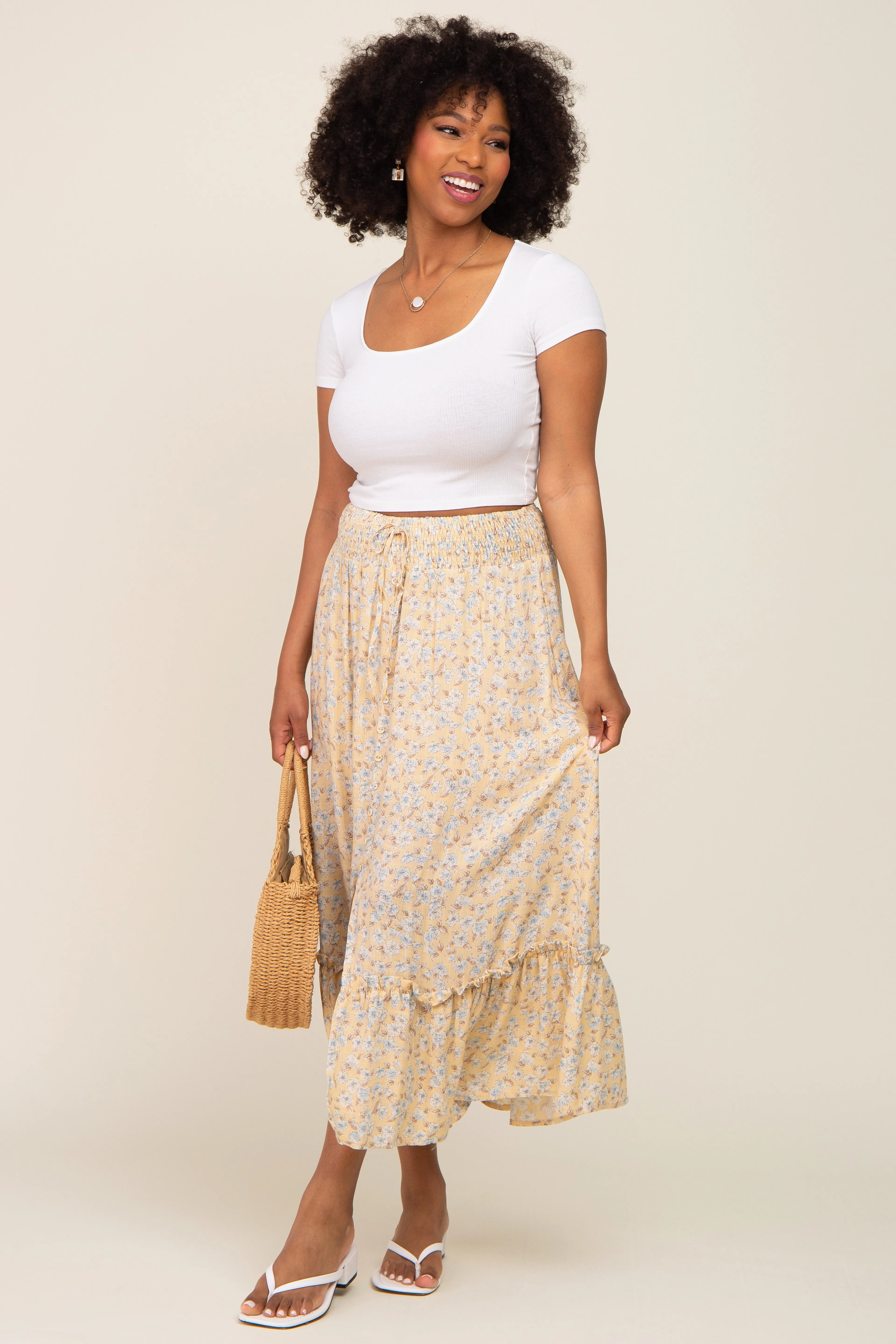 Yellow Floral Button Ruffle Maxi Skirt sold by Pinkblush product image thumbnail 5