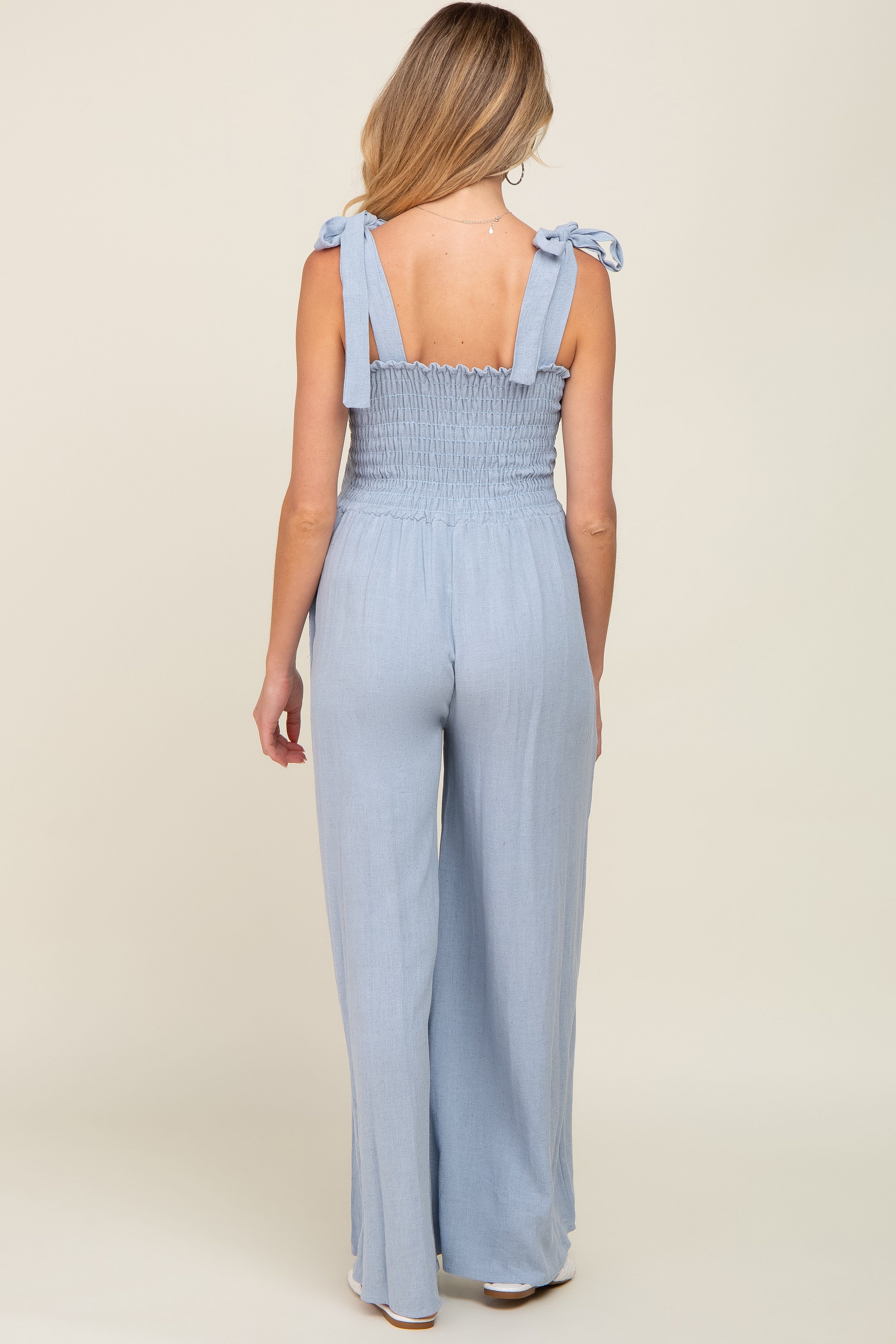 Light Blue Sleeveless Smocked Wide Leg Maternity Jumpsuit sold by Pinkblush product image thumbnail 3