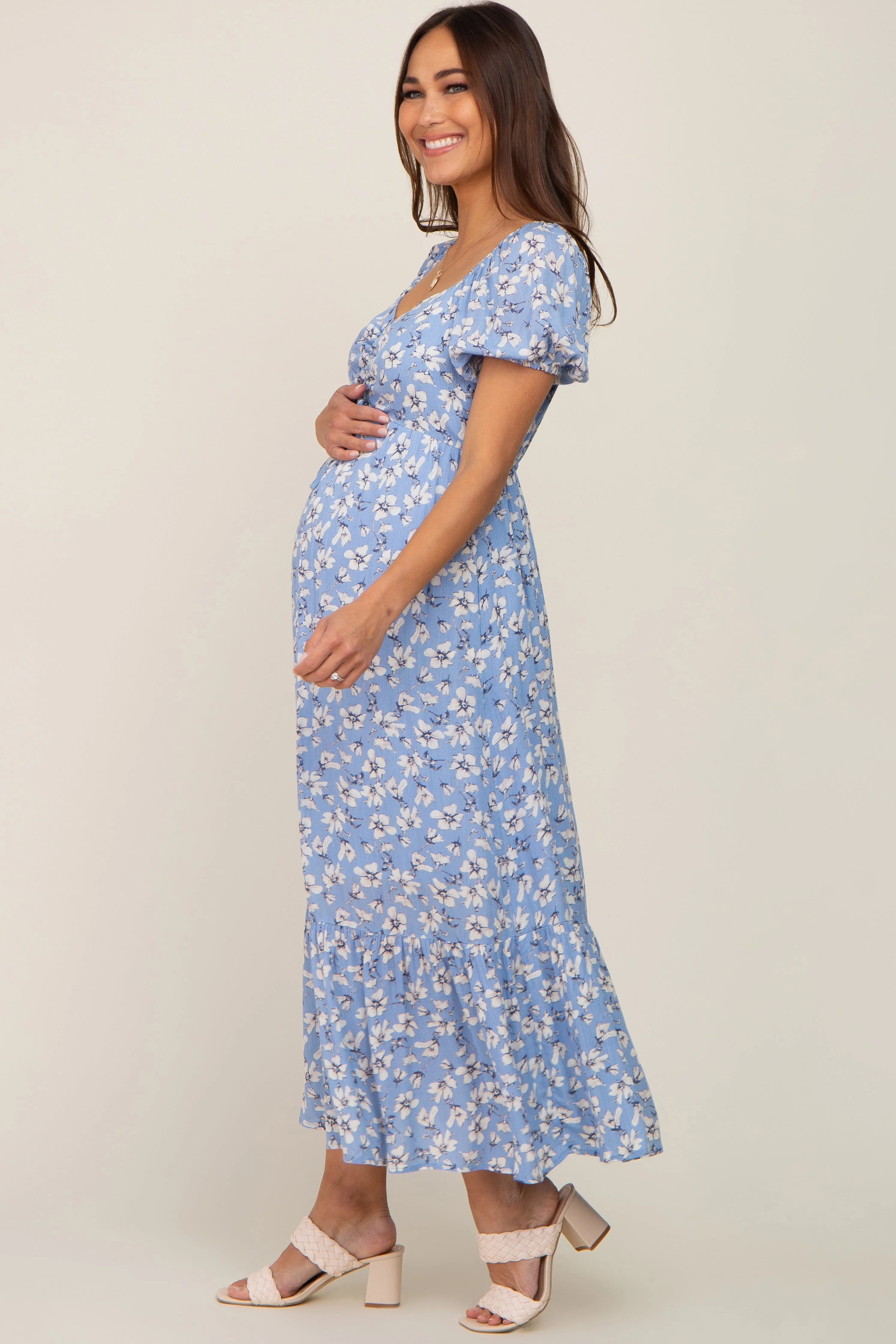 Blue Floral Sweetheart Drawstring Neck Short Sleeve Maternity Midi Dress sold by Pinkblush product image thumbnail 3