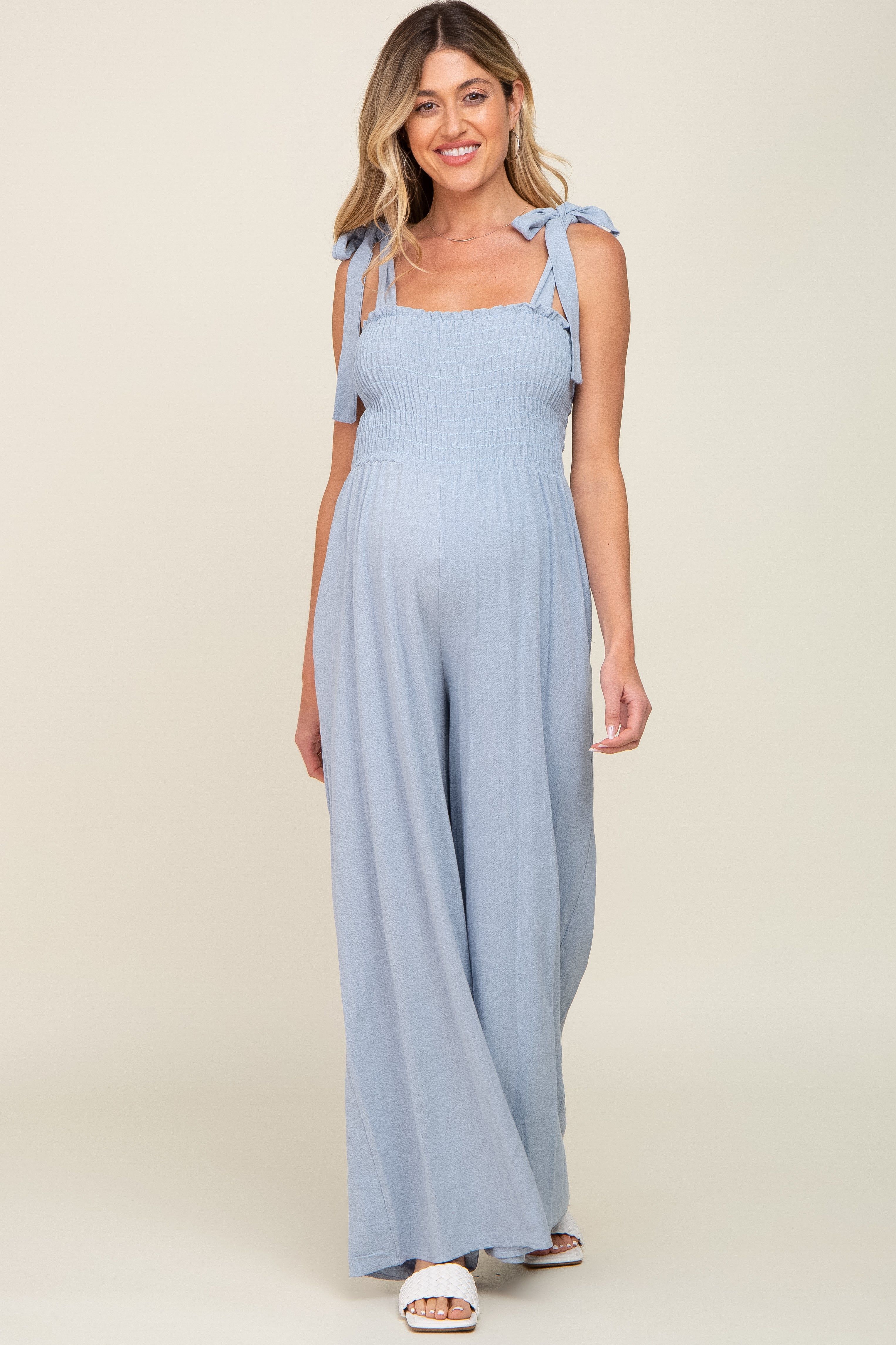 Light Blue Sleeveless Smocked Wide Leg Maternity Jumpsuit sold by Pinkblush product image thumbnail 4