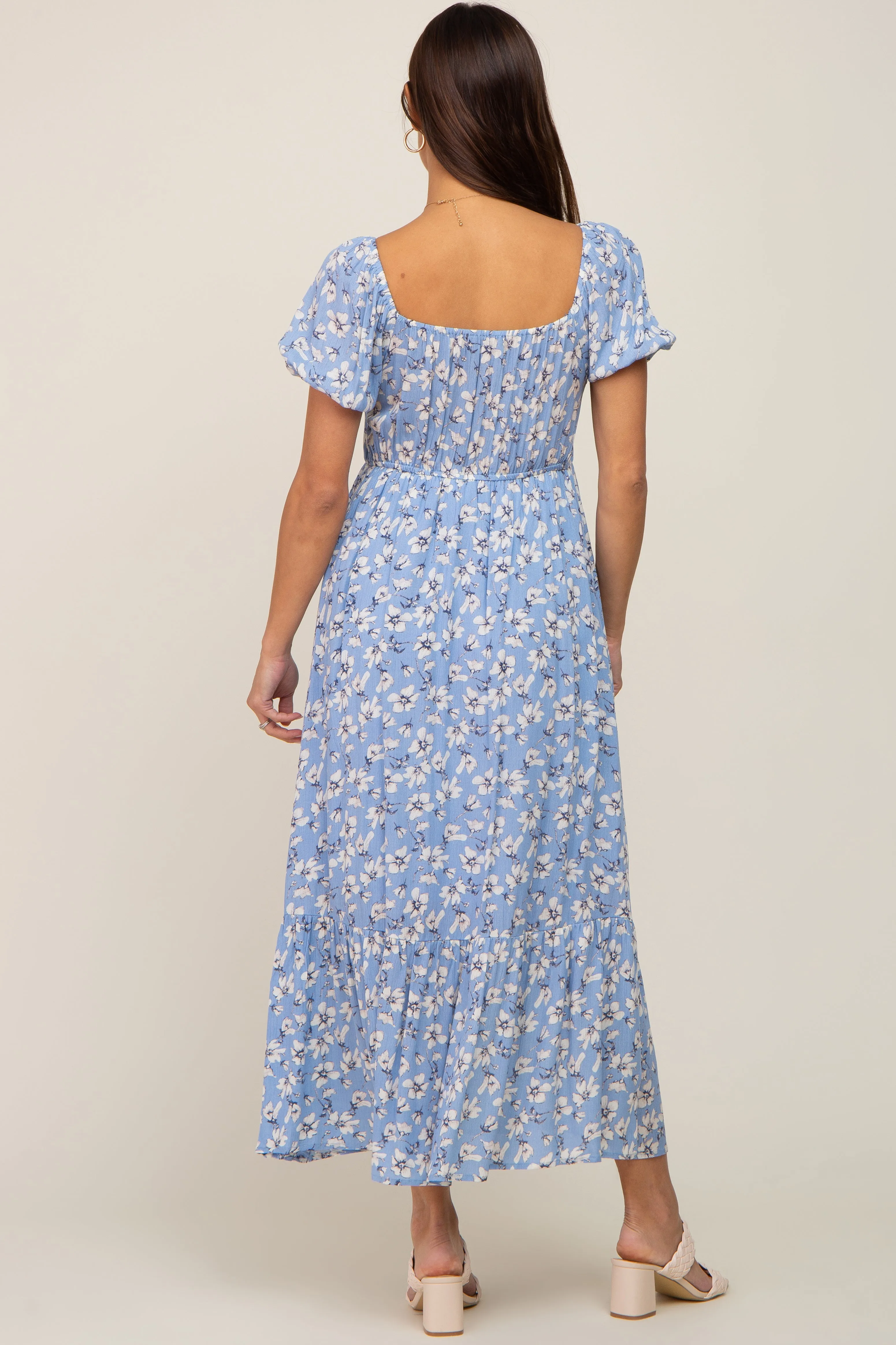 Blue Floral Sweetheart Drawstring Neck Short Sleeve Maternity Midi Dress sold by Pinkblush product image thumbnail 4