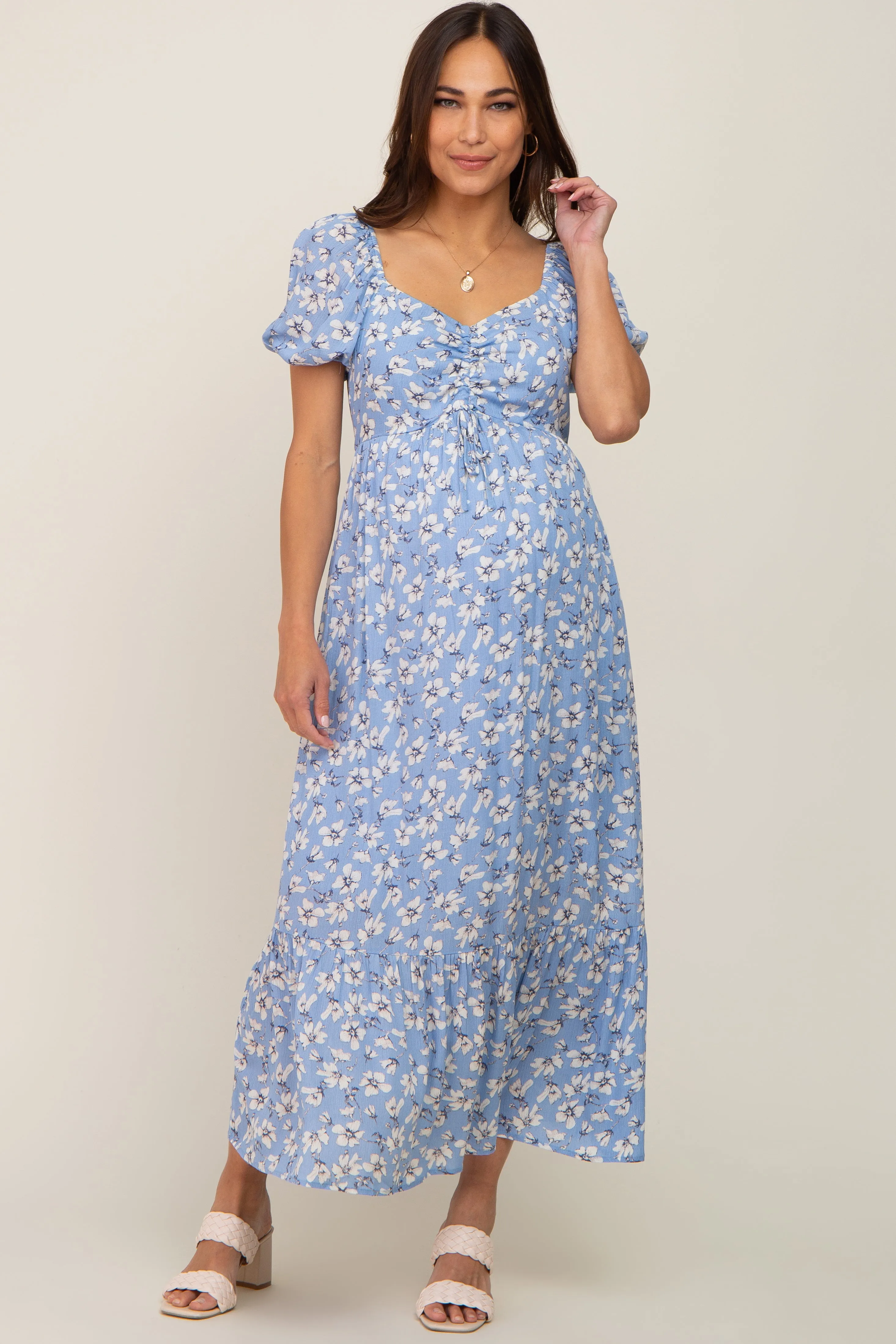 Blue Floral Sweetheart Drawstring Neck Short Sleeve Maternity Midi Dress sold by Pinkblush