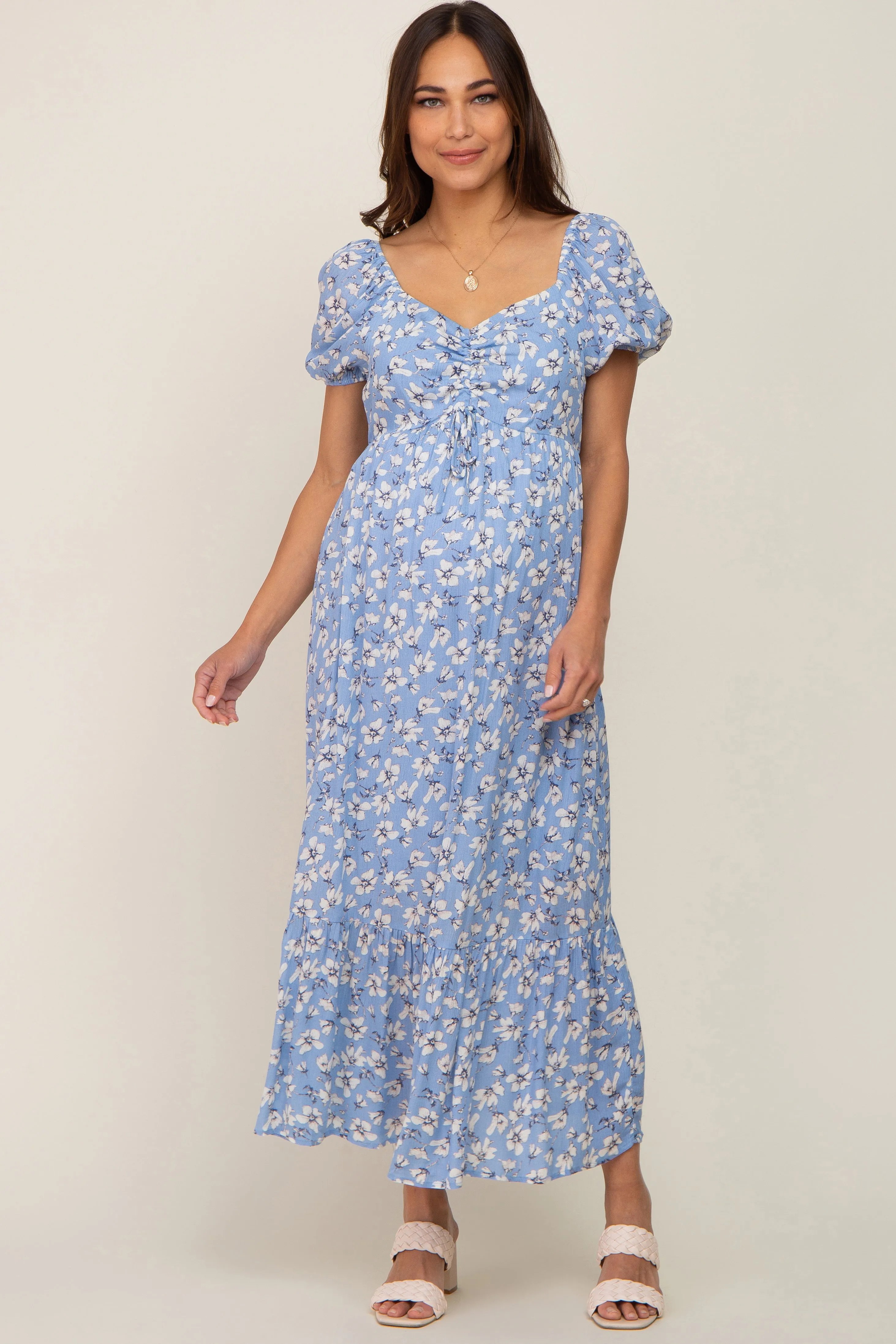 Blue Floral Sweetheart Drawstring Neck Short Sleeve Maternity Midi Dress sold by Pinkblush product image thumbnail 2