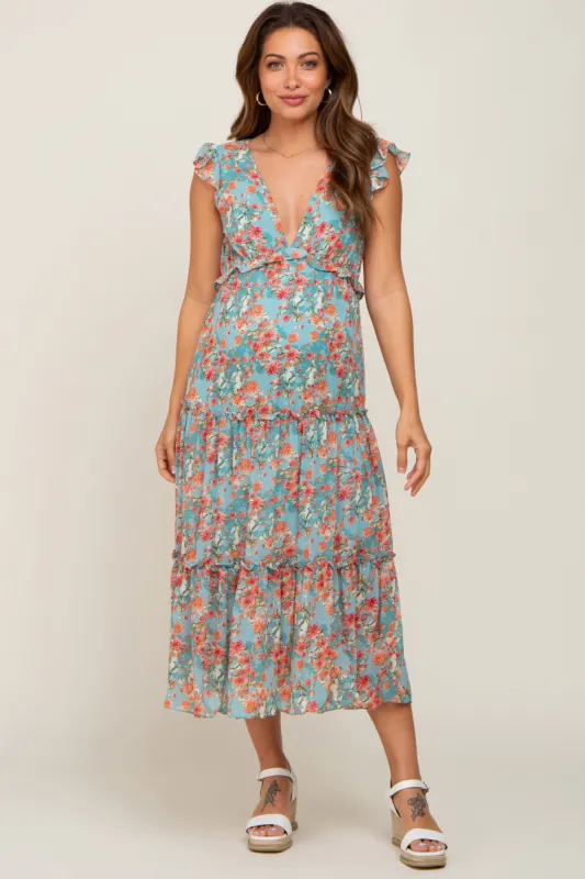 Jade Floral Ruffle Tiered Maternity Midi Dress sold by Pinkblush