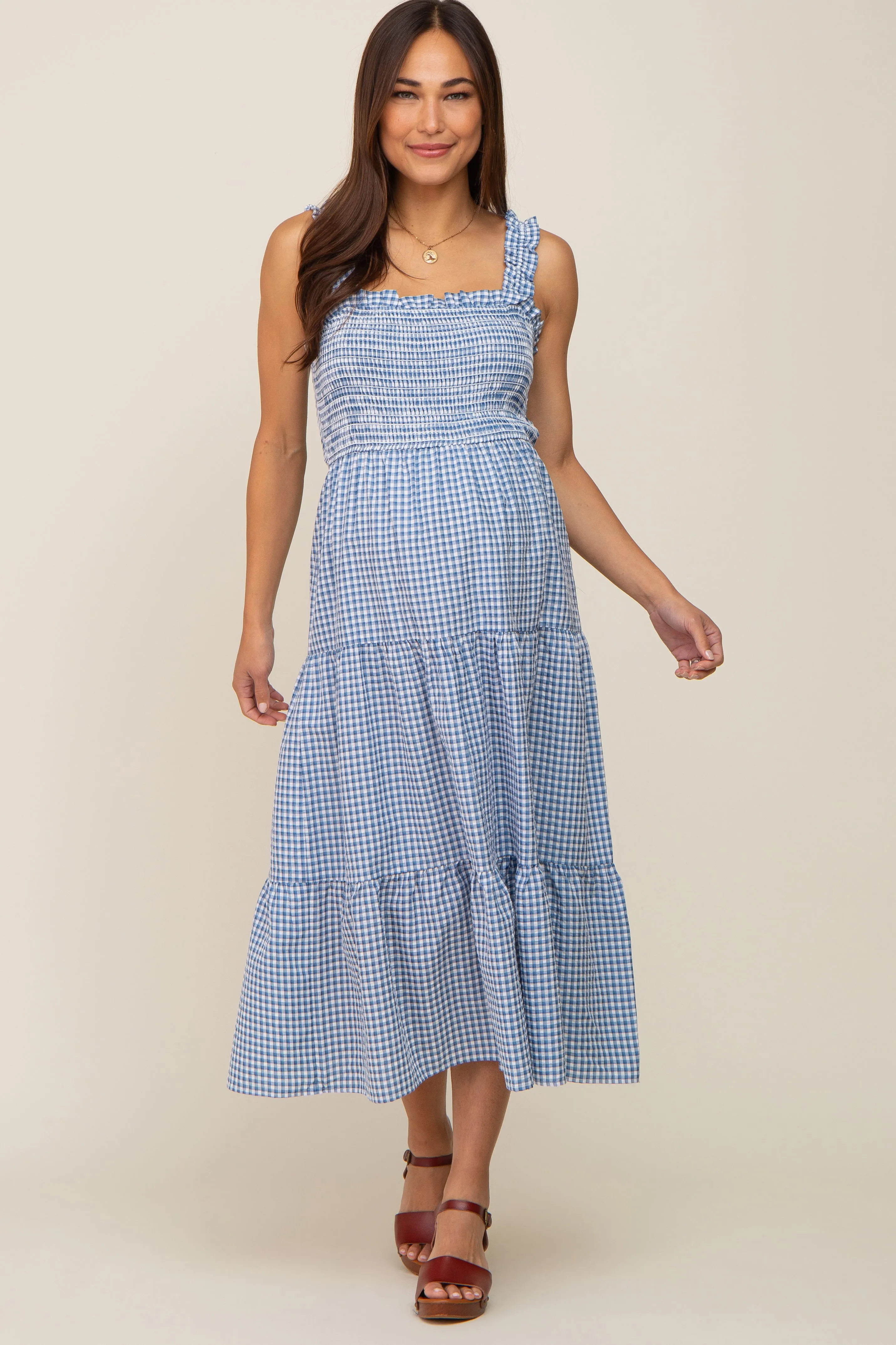 Blue Gingham Smocked Tiered Maternity Midi Dress sold by Pinkblush product image thumbnail 2