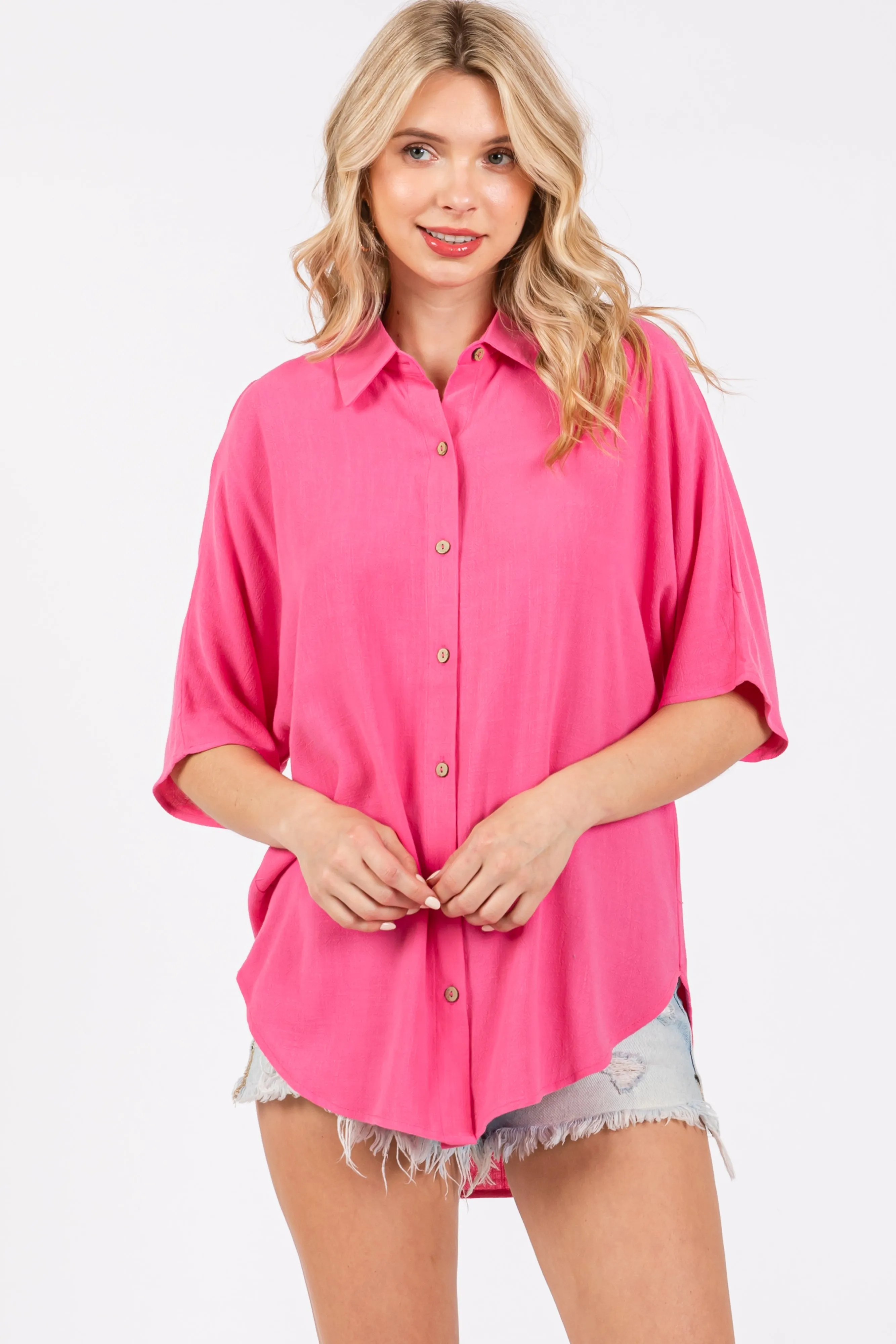 Fuchsia Linen Dolman Half Sleeve Button Down Top sold by Pinkblush