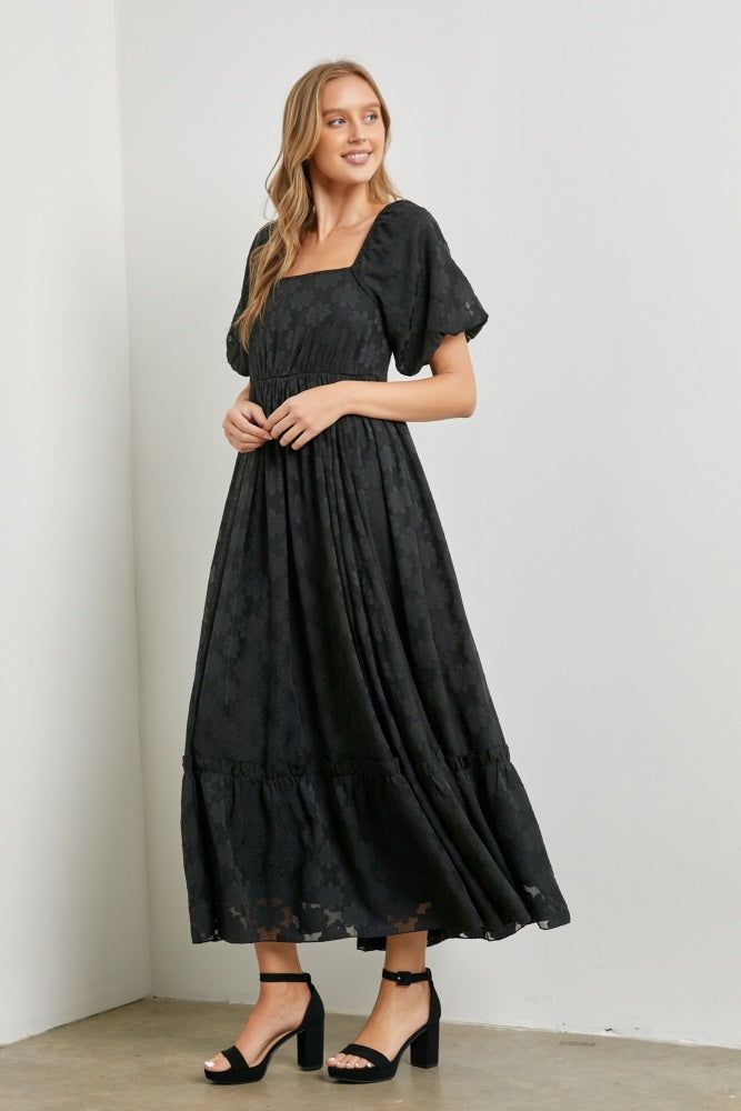 Black Floral Chiffon Smocked Square Neck Maxi Dress sold by Pinkblush