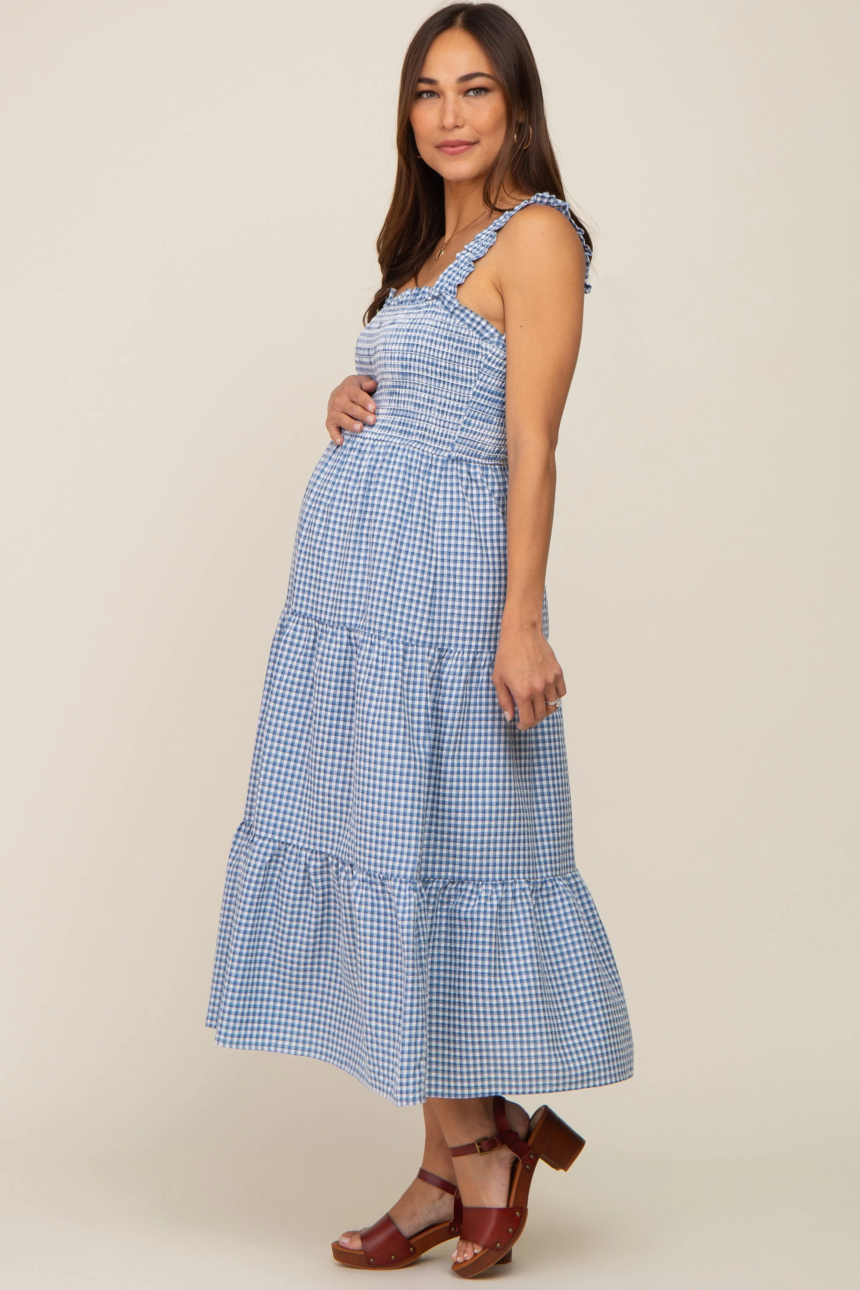 Blue Gingham Smocked Tiered Maternity Midi Dress sold by Pinkblush product image thumbnail 3