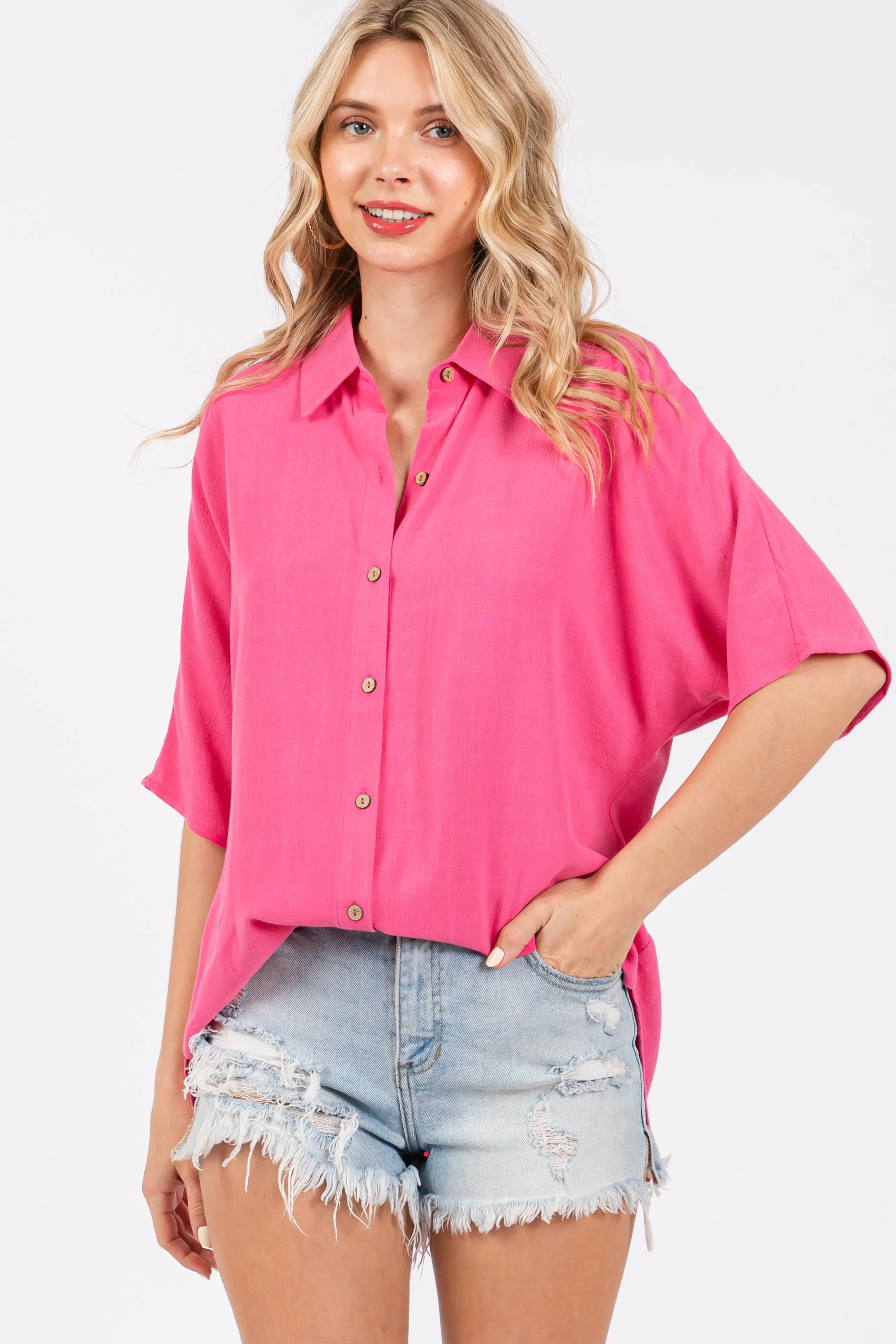 Fuchsia Linen Dolman Half Sleeve Button Down Top sold by Pinkblush product image thumbnail 4