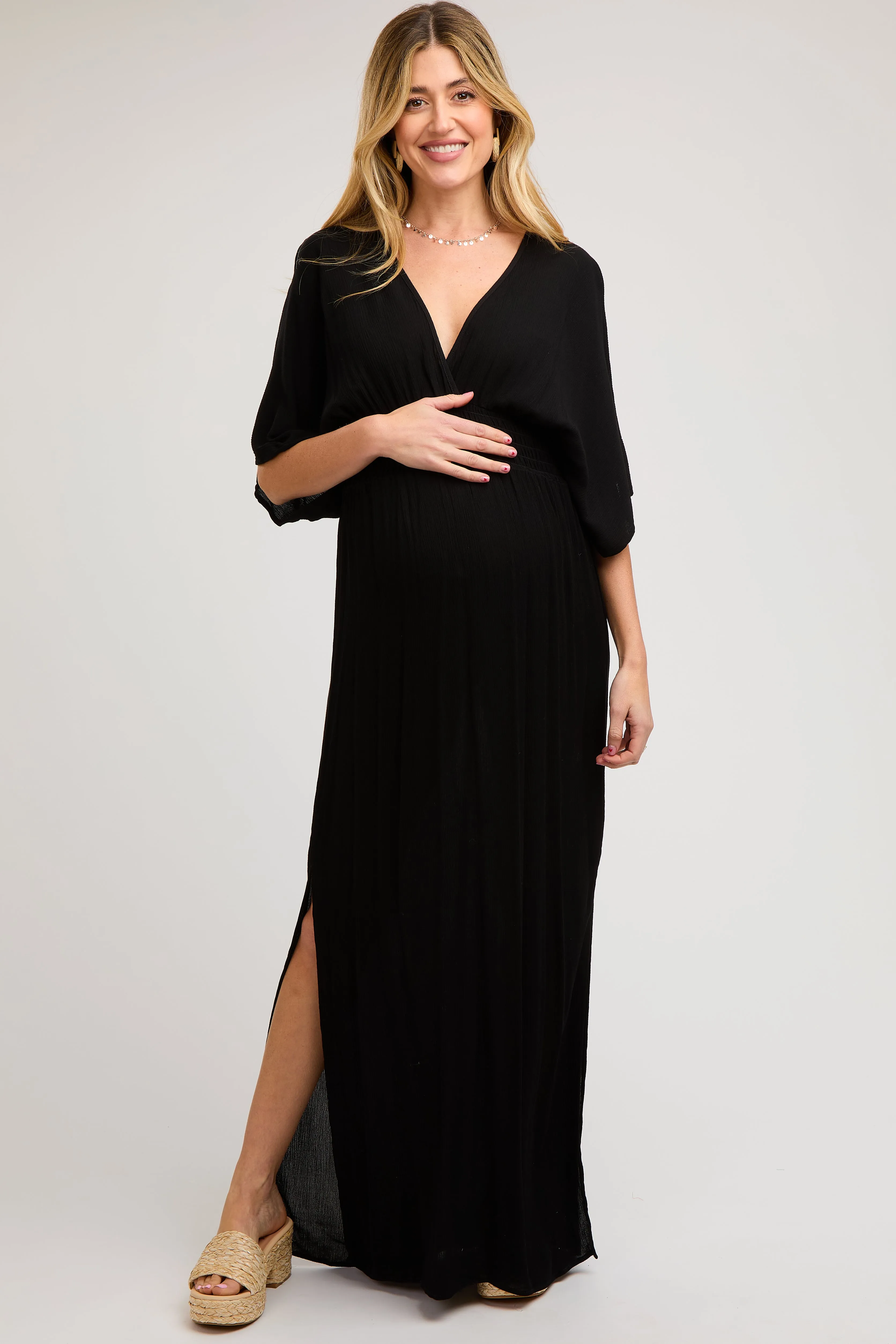 Black Lightweight Deep V-Neck Maternity Maxi Dress sold by Pinkblush