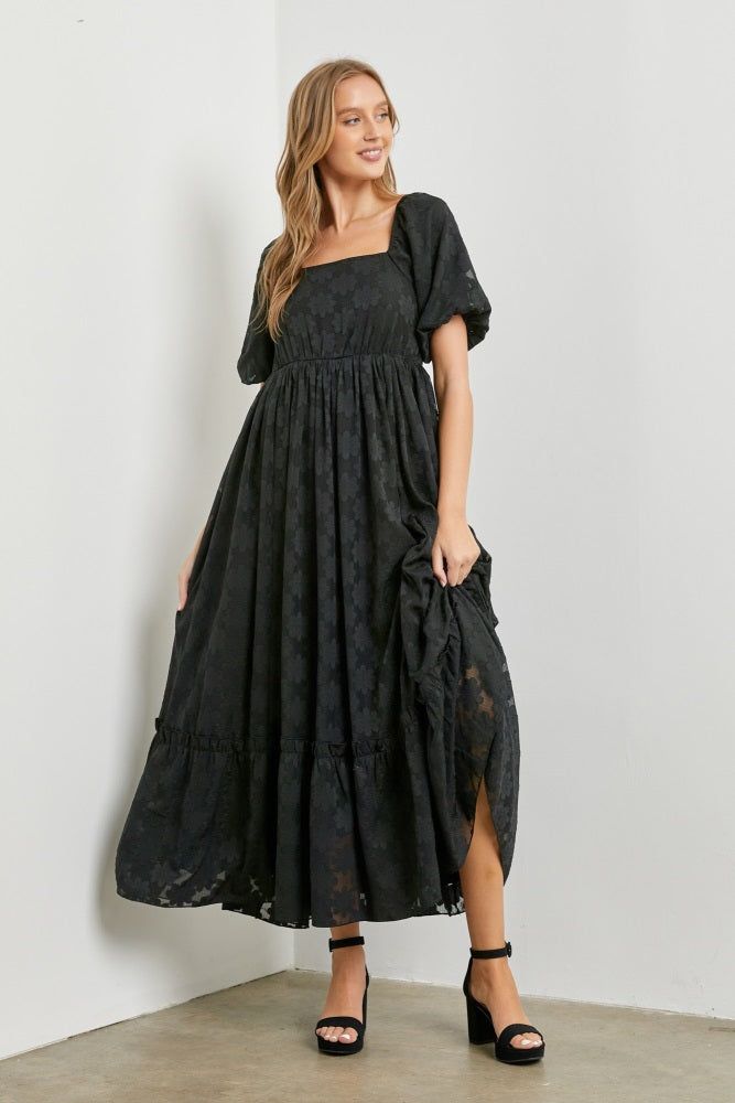 Black Floral Chiffon Smocked Square Neck Maxi Dress sold by Pinkblush product image thumbnail 2