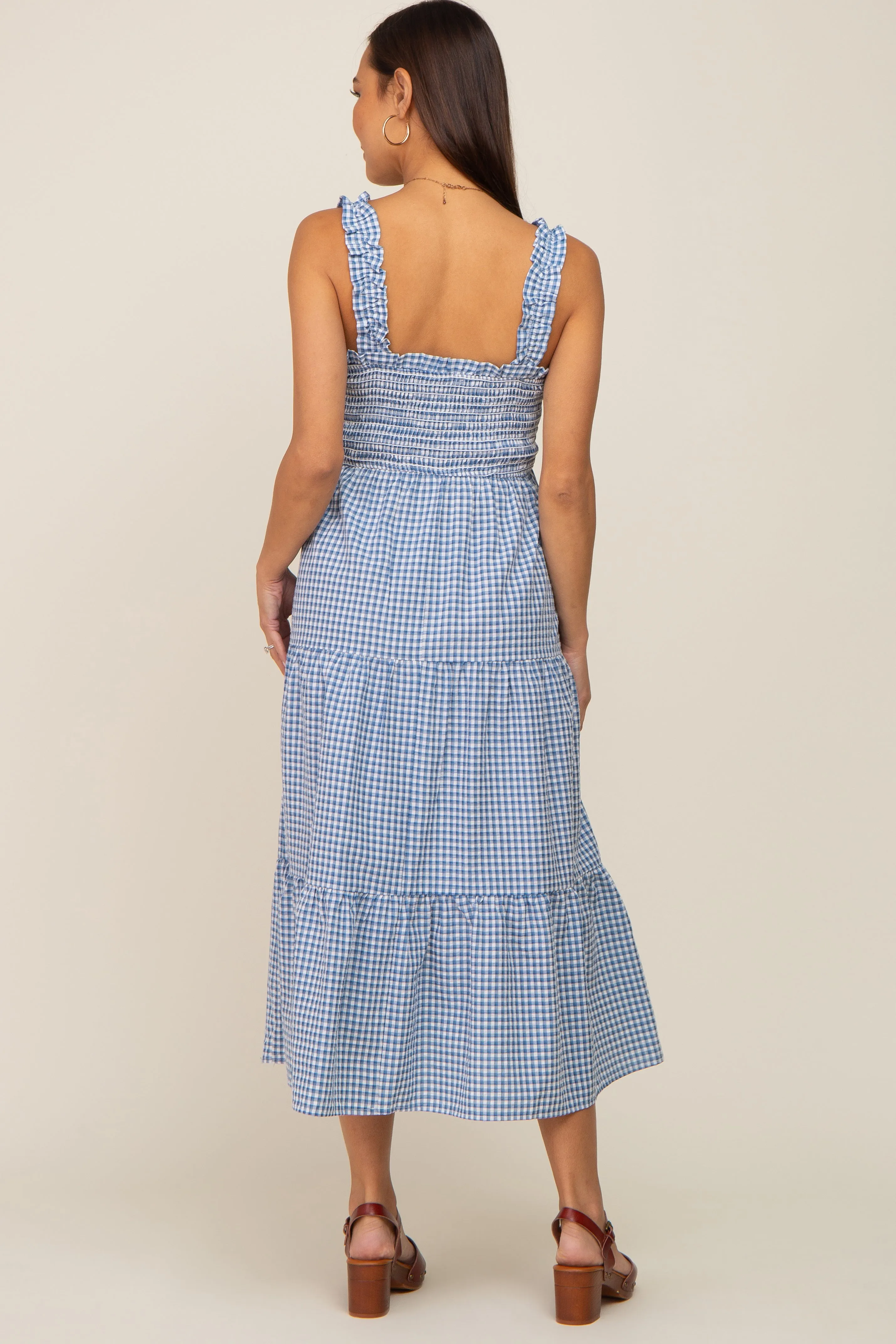 Blue Gingham Smocked Tiered Maternity Midi Dress sold by Pinkblush product image thumbnail 4