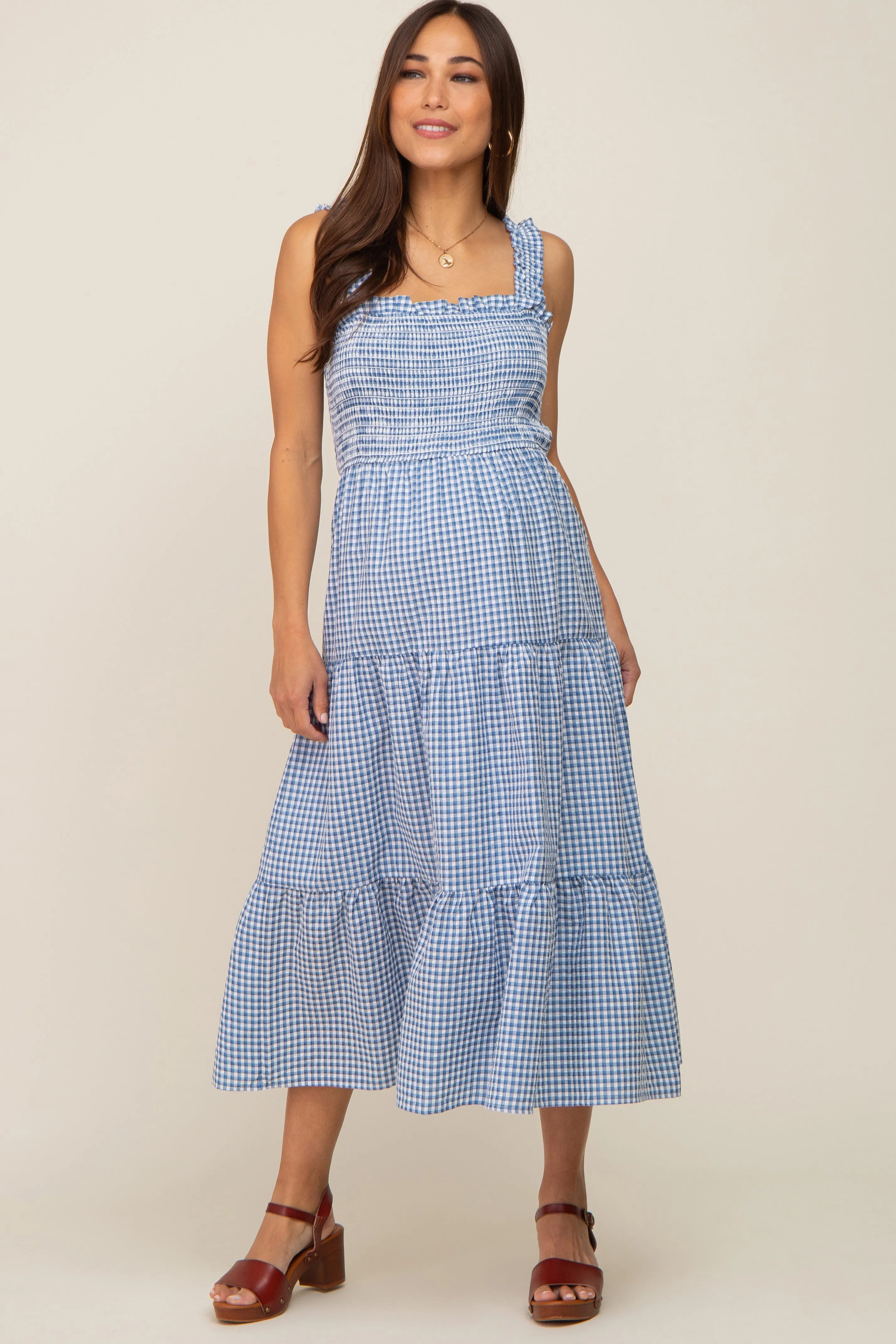 Blue Gingham Smocked Tiered Maternity Midi Dress sold by Pinkblush