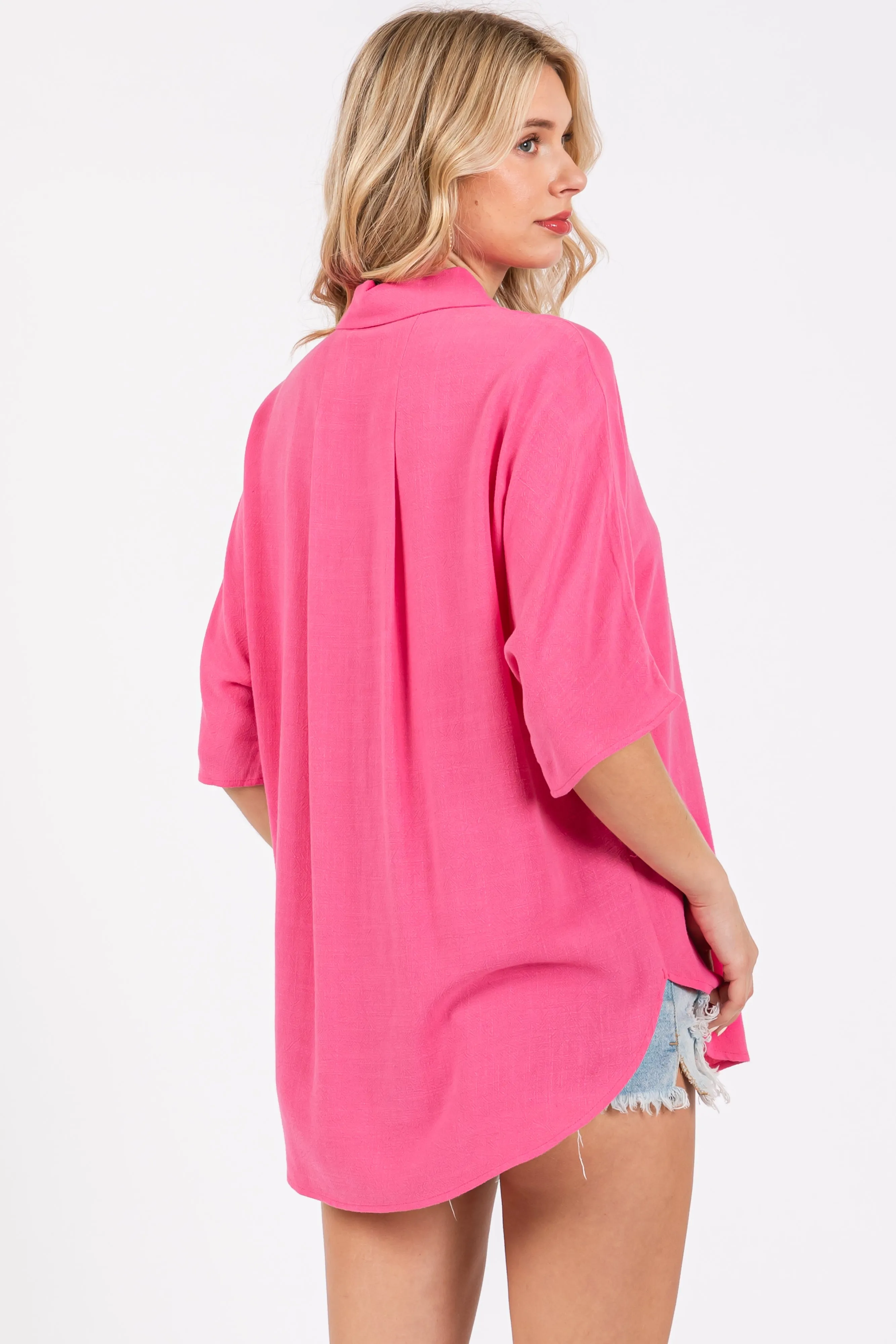 Fuchsia Linen Dolman Half Sleeve Button Down Top sold by Pinkblush product image thumbnail 3