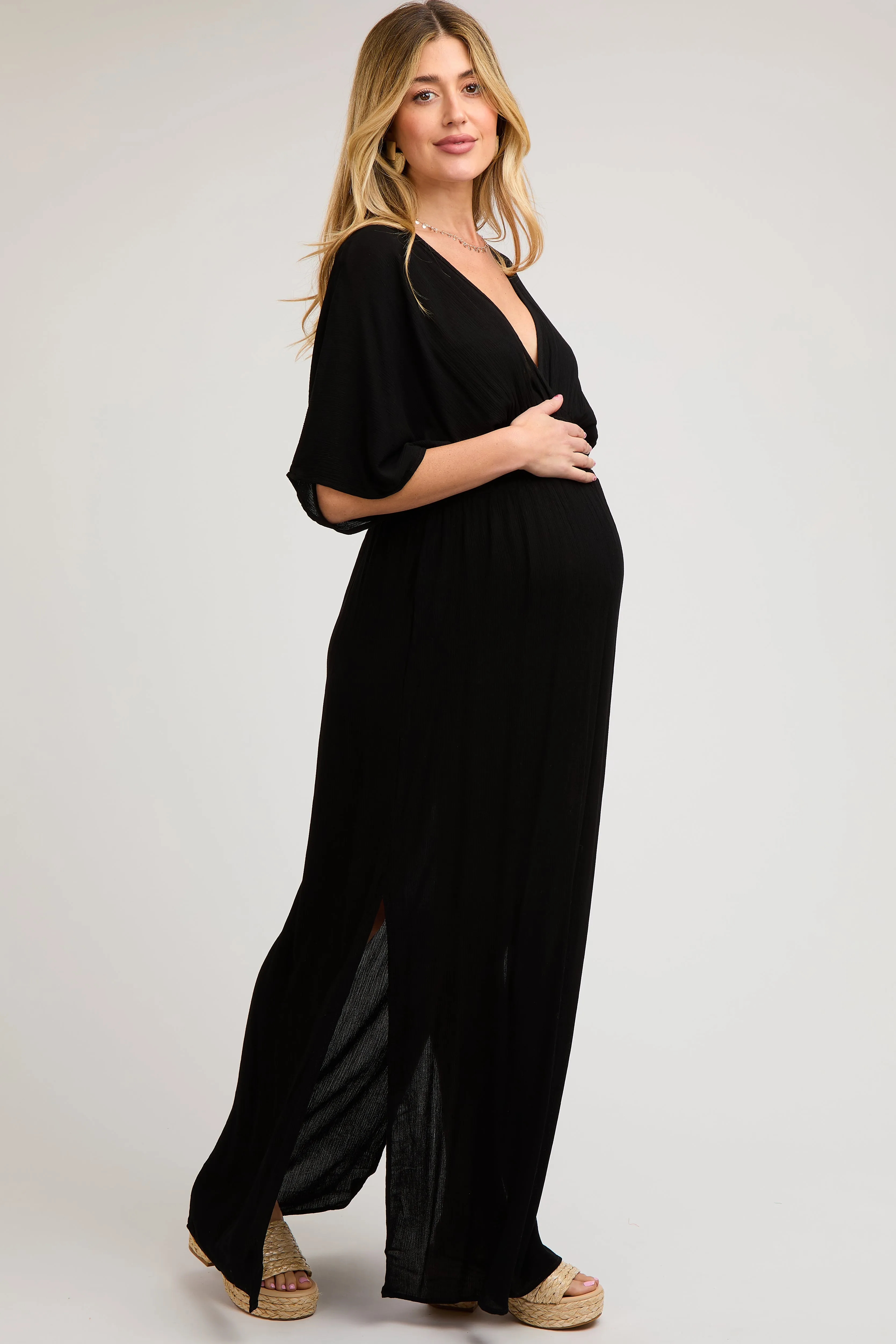 Black Lightweight Deep V-Neck Maternity Maxi Dress sold by Pinkblush product image thumbnail 2