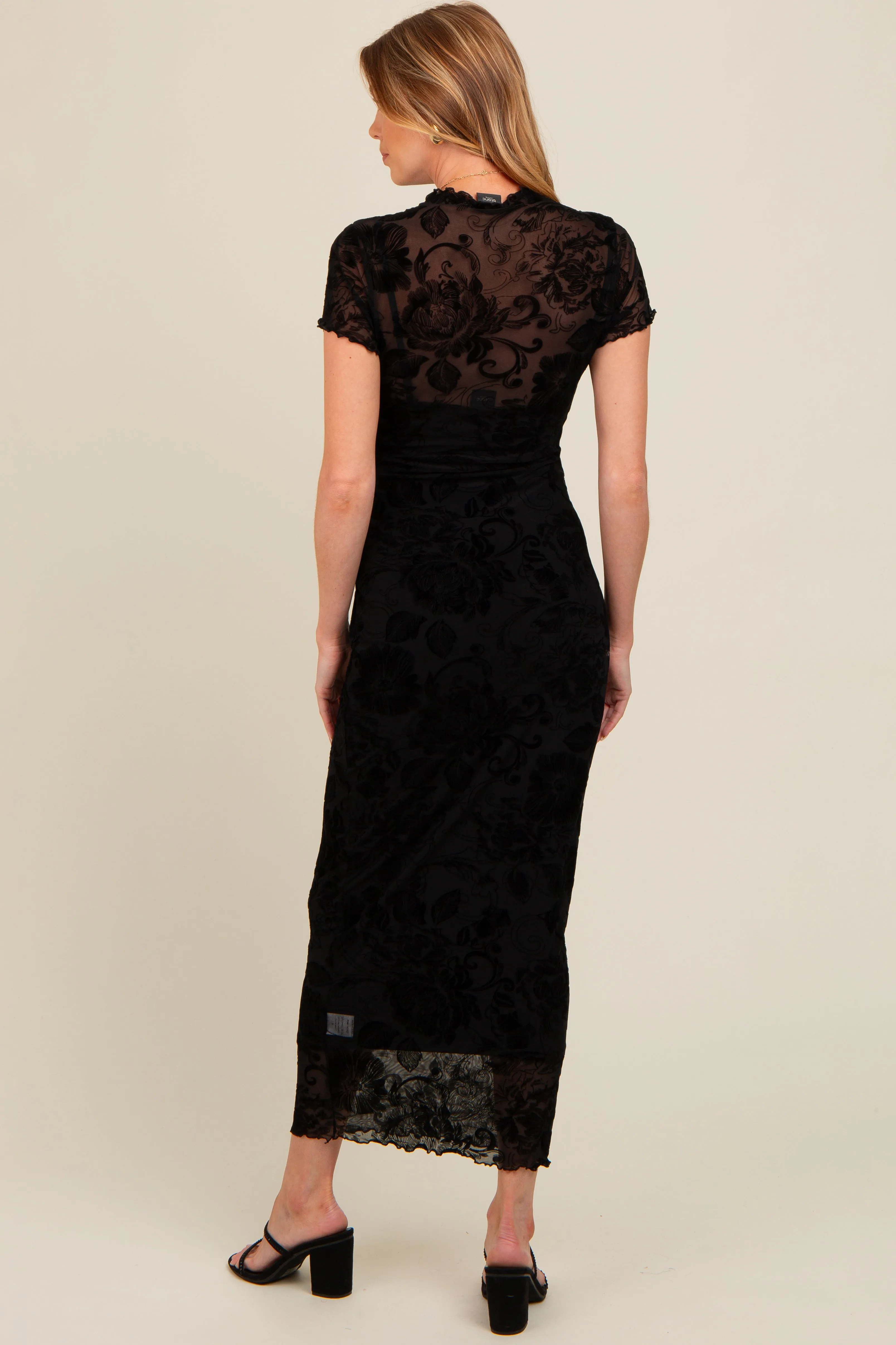 Black Floral Mesh Overlay Fitted Maternity Maxi Dress sold by Pinkblush product image thumbnail 4