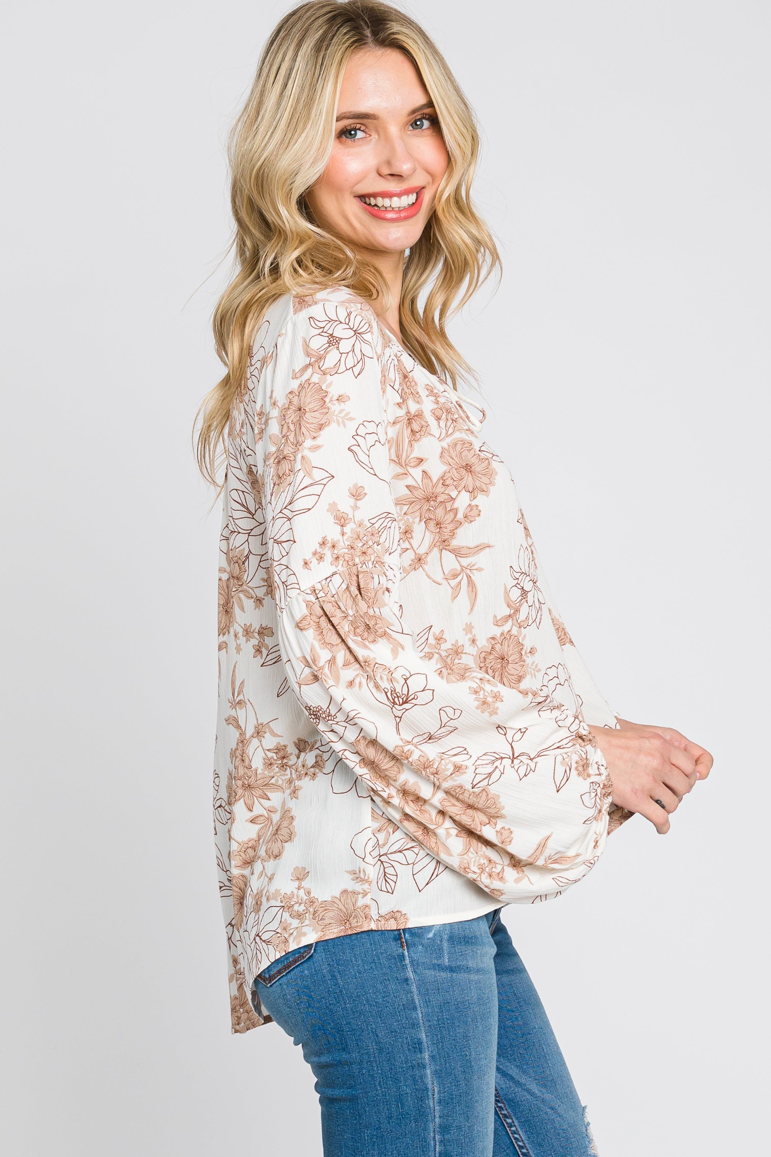 Cream Floral Lace-Up Puff Long Sleeve Top sold by Pinkblush product image thumbnail 2