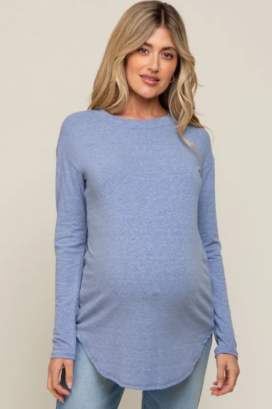 Blue Long Sleeve Curved Hem Maternity Top sold by Pinkblush