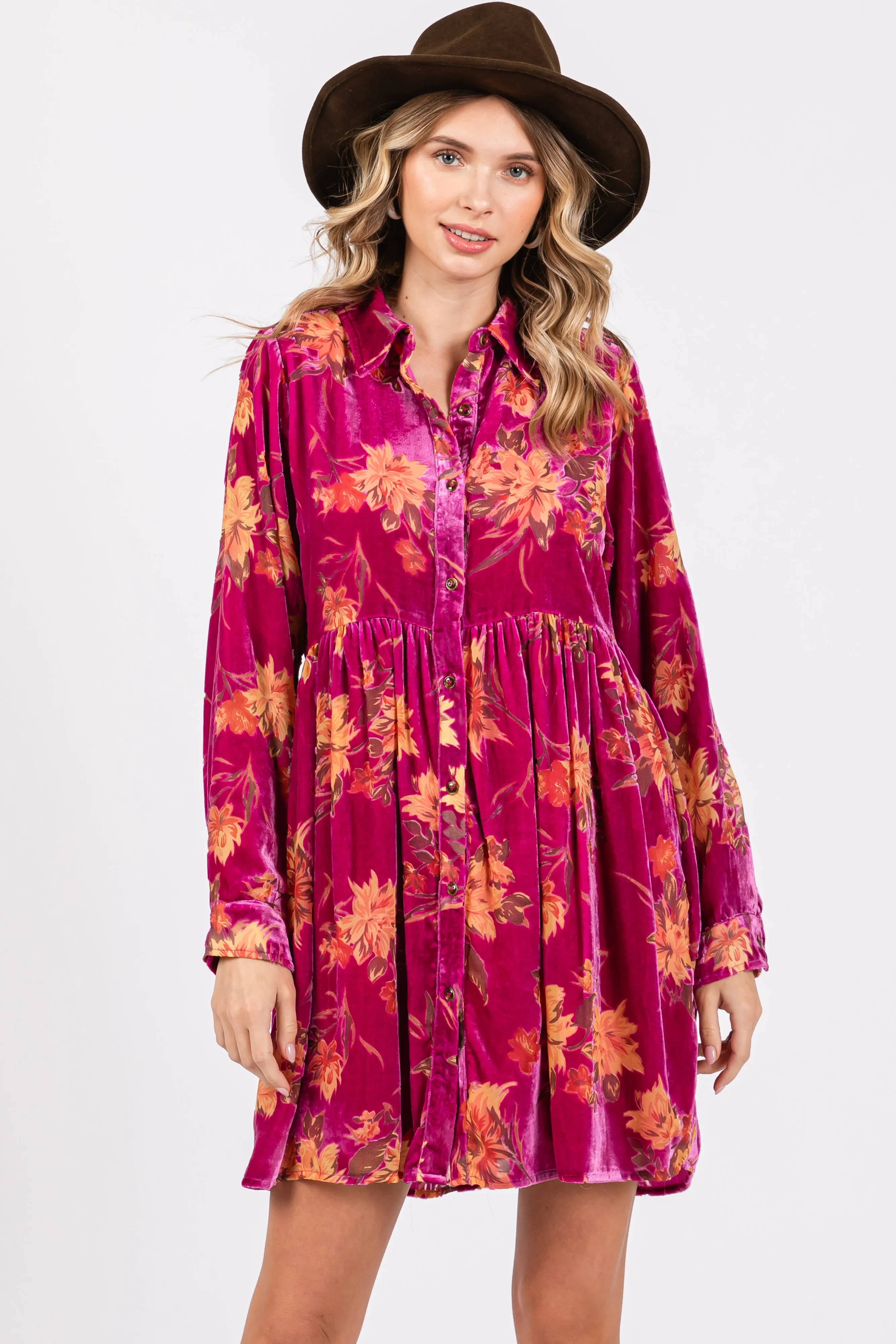 Magenta Velvet Floral Burnout Button Front Long Sleeve Maternity Dress sold by Pinkblush product image thumbnail 4