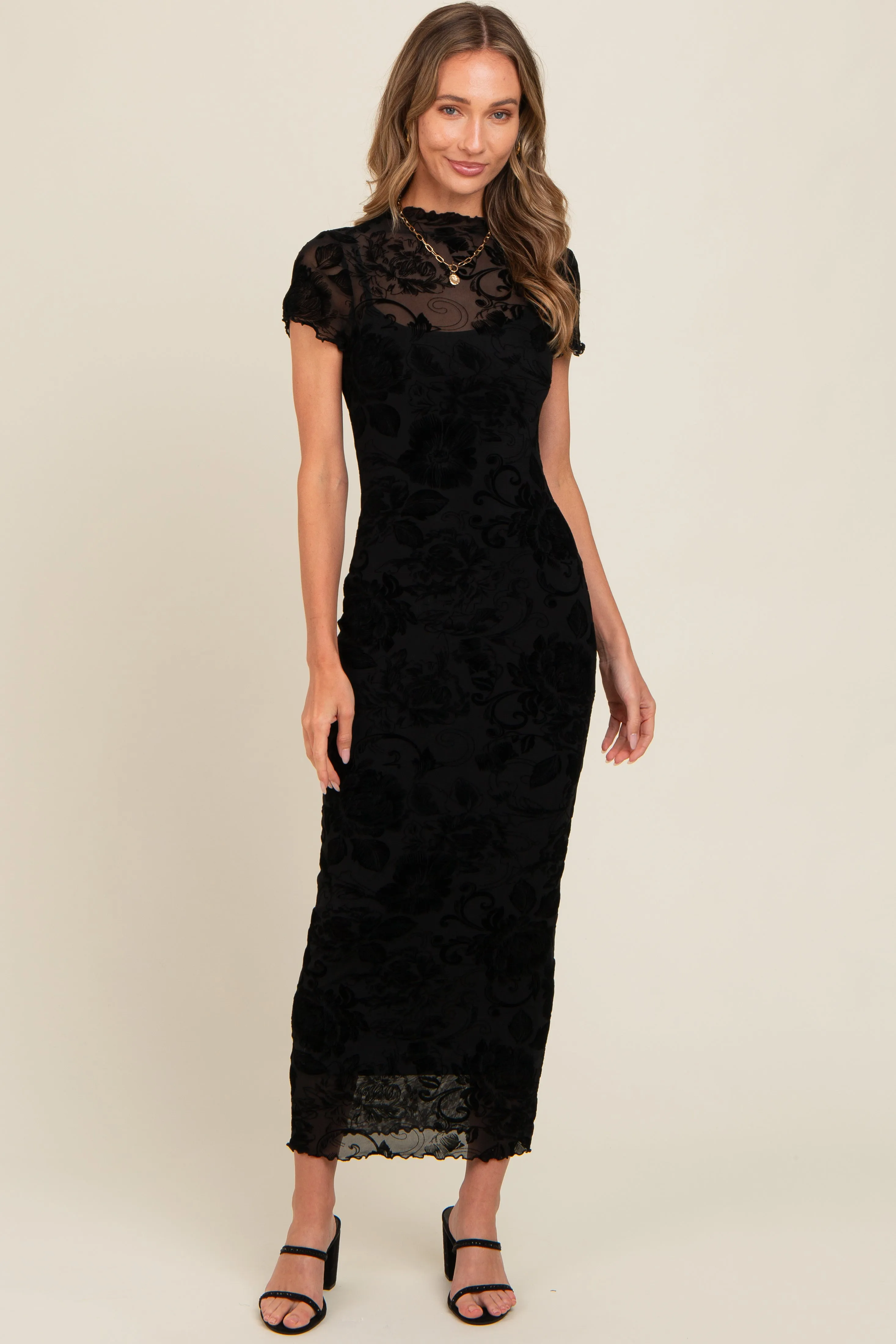 Black Floral Mesh Overlay Fitted Maternity Maxi Dress sold by Pinkblush product image thumbnail 5