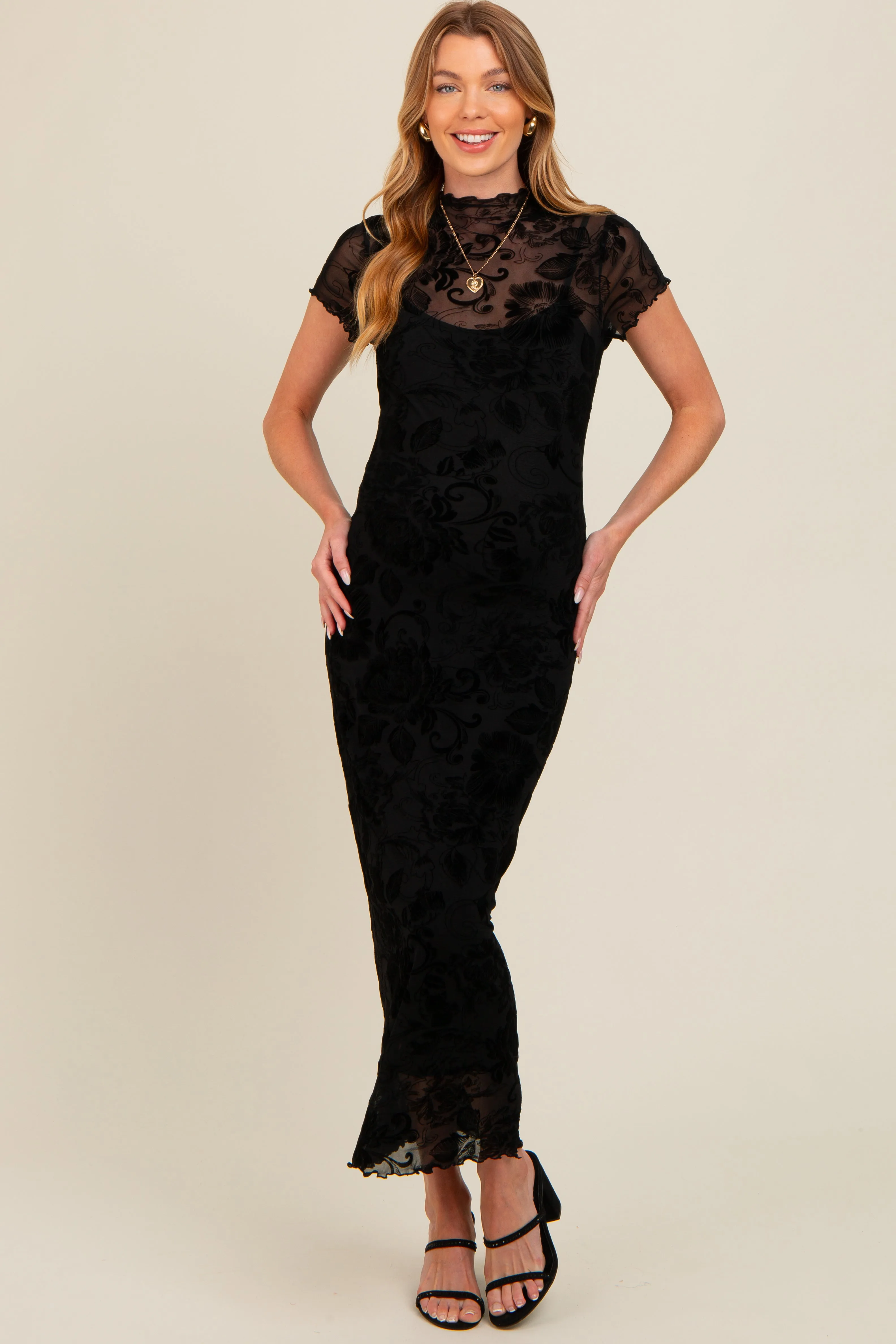 Black Floral Mesh Overlay Fitted Maternity Maxi Dress sold by Pinkblush product image thumbnail 2