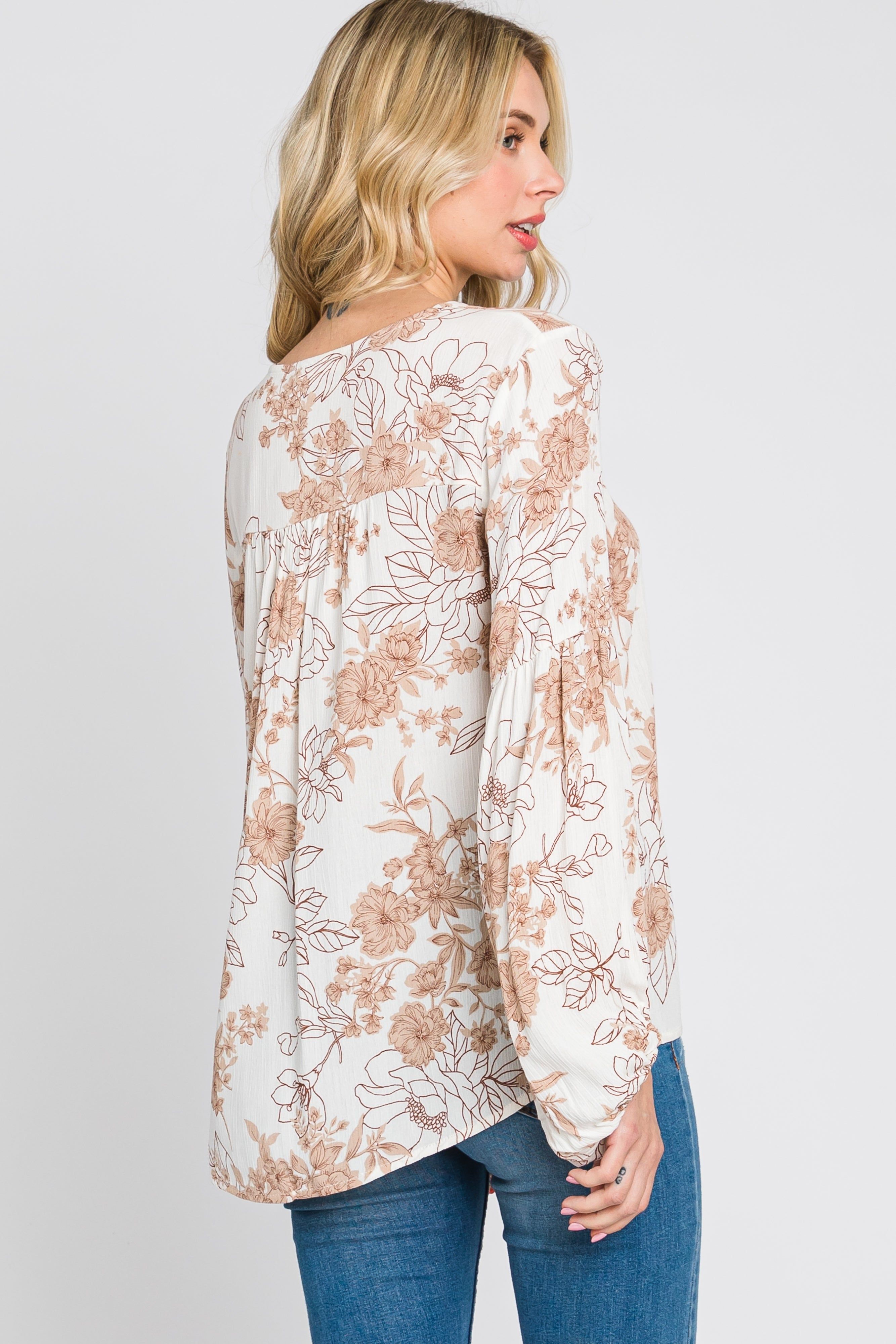 Cream Floral Lace-Up Puff Long Sleeve Top sold by Pinkblush product image thumbnail 3