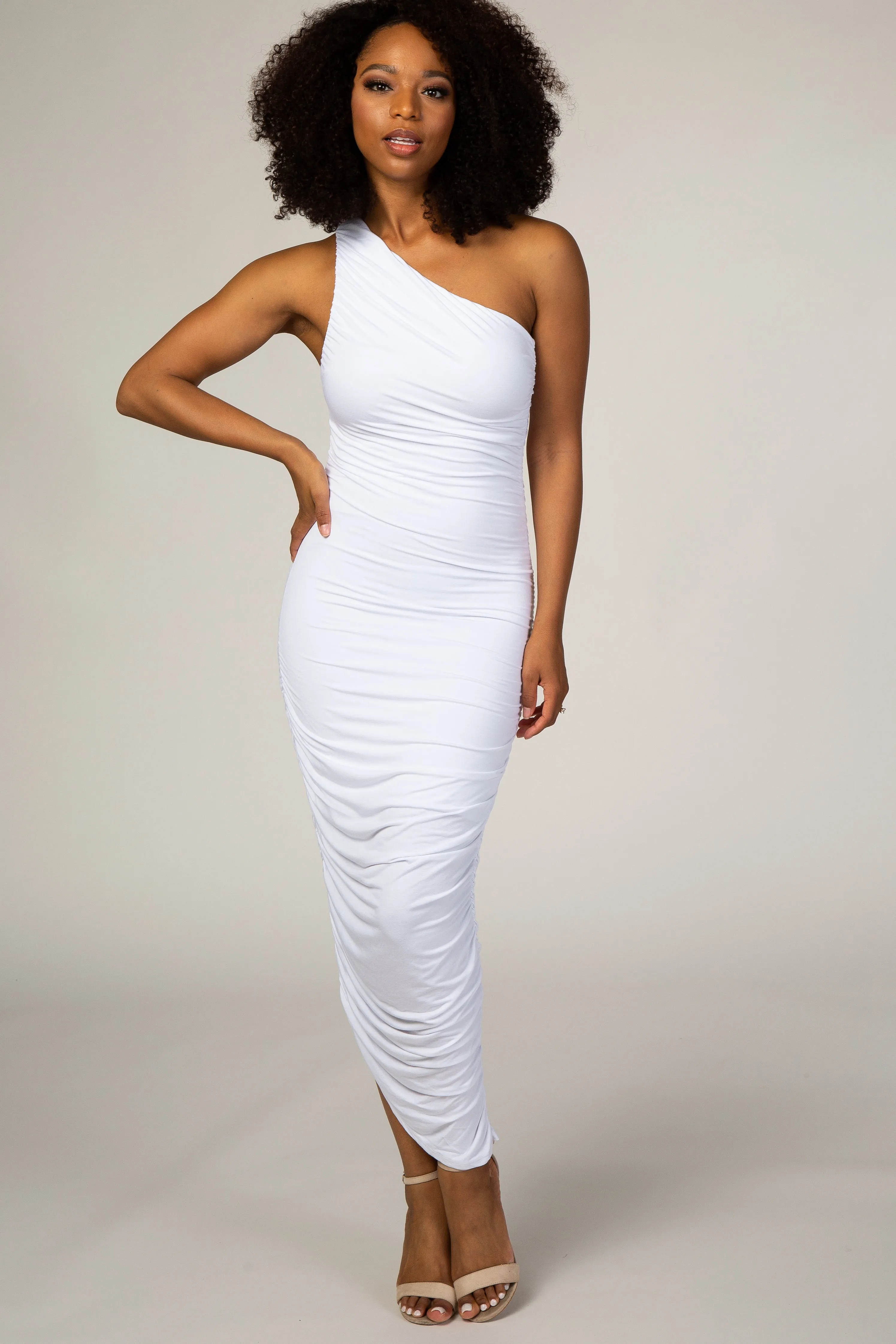 White Ruched One Shoulder Maternity Dress sold by Pinkblush product image thumbnail 5