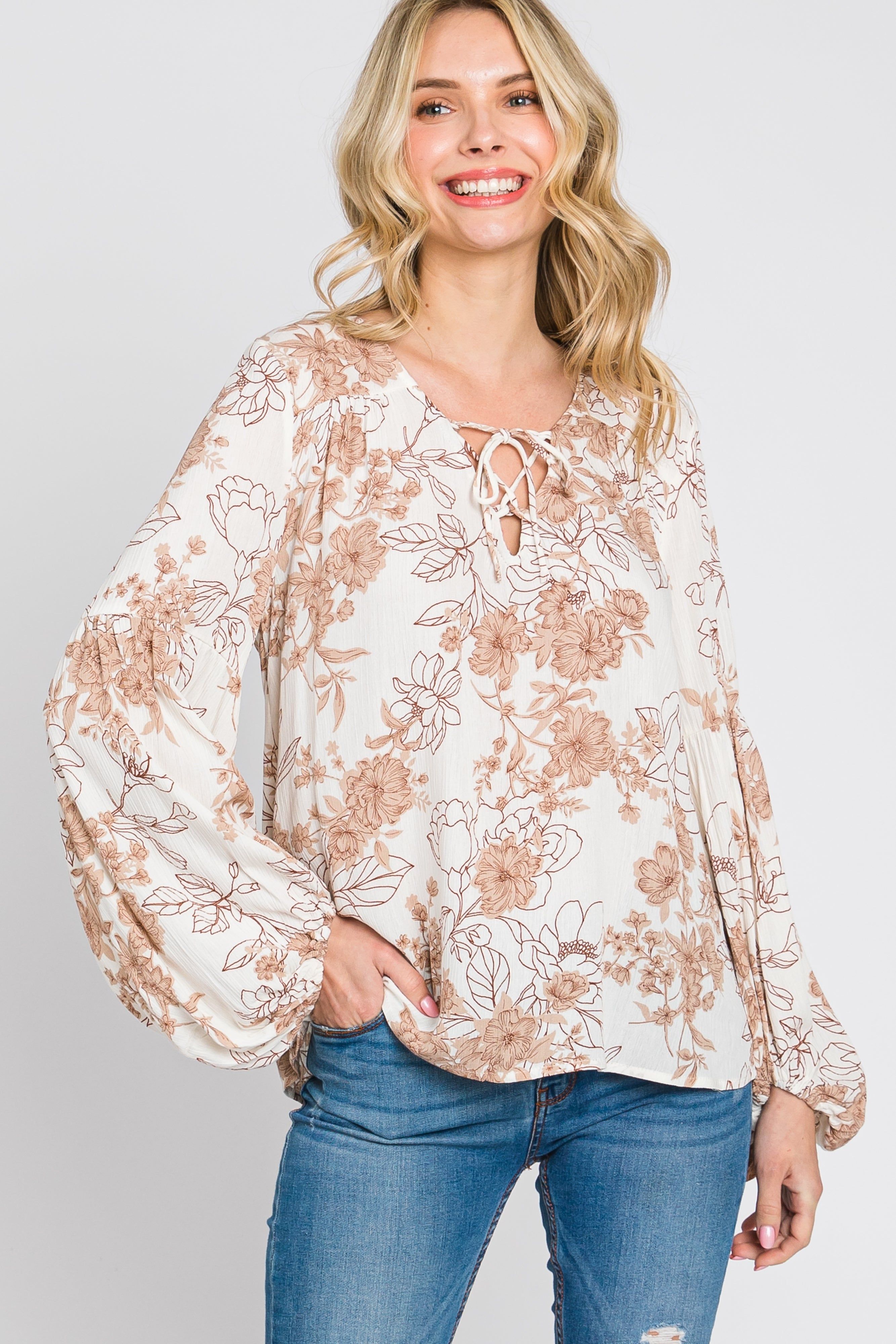 Cream Floral Lace-Up Puff Long Sleeve Top sold by Pinkblush