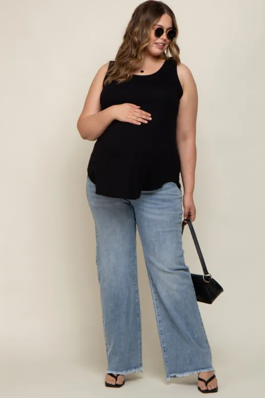 Light Blue Fringe Hem Maternity Plus Wide Leg Jeans sold by Pinkblush