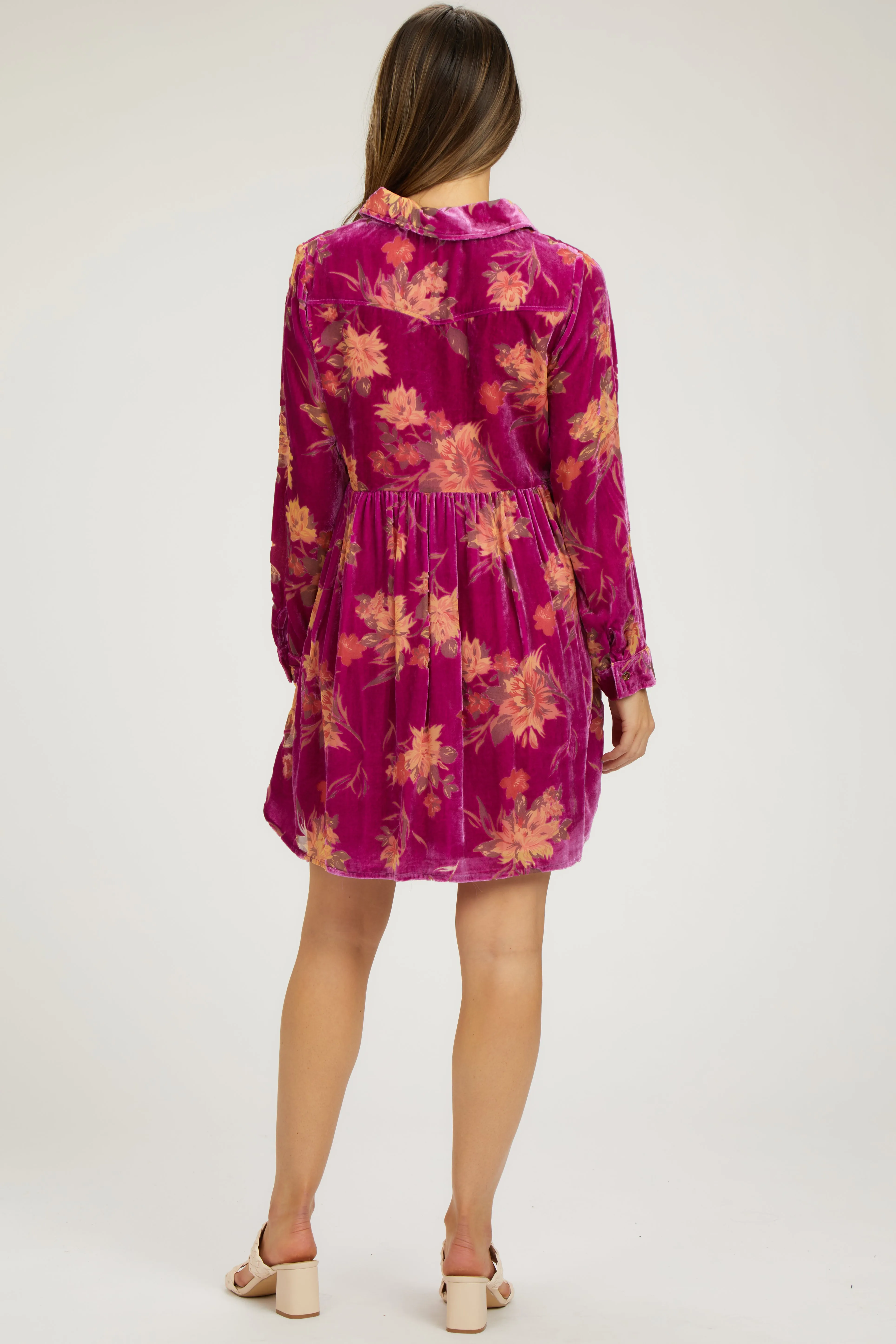 Magenta Velvet Floral Burnout Button Front Long Sleeve Maternity Dress sold by Pinkblush product image thumbnail 3
