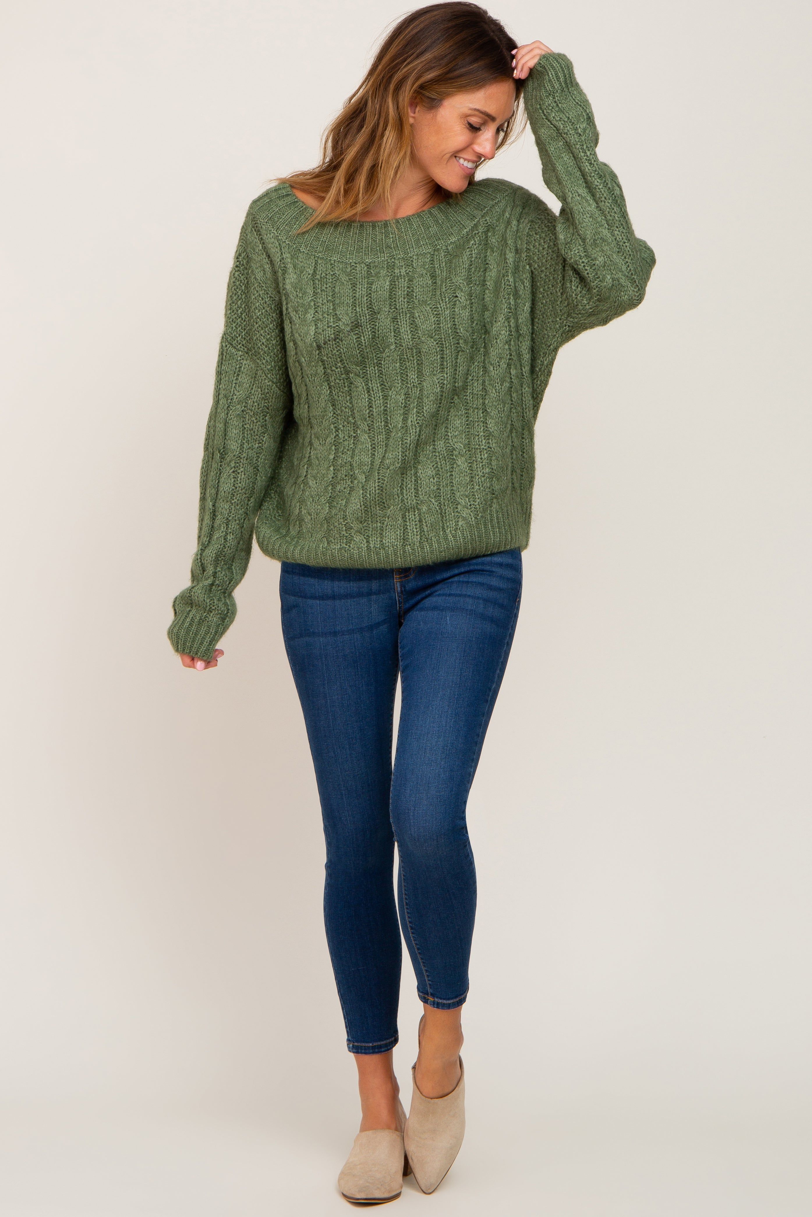 Olive Boat Neck Cable Knit Sweater sold by Pinkblush product image thumbnail 4